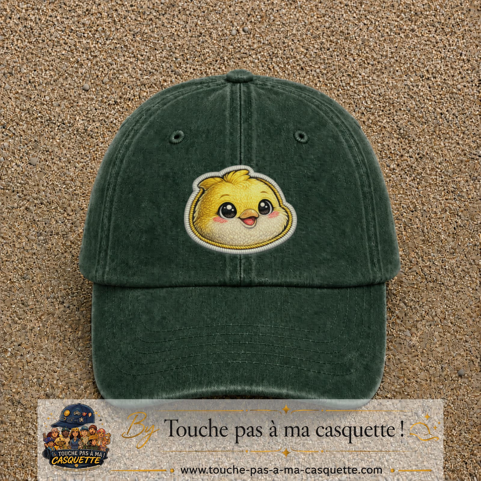 Casquette Vert foncé délavé motif Poussin joyeux 7 cm - vue principale