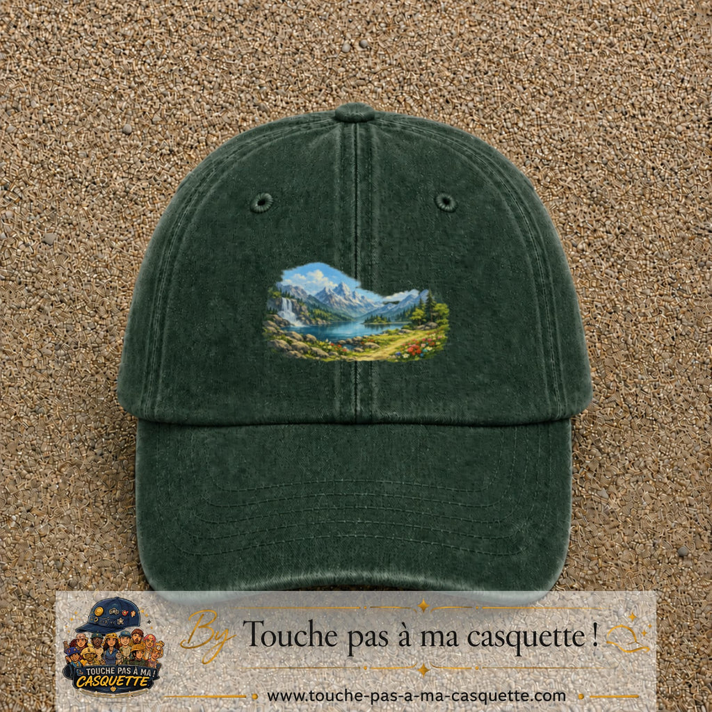 Casquette baseball Vert foncé délavé 100% coton avec motif Paysage montagne lac 5 cm - image principale