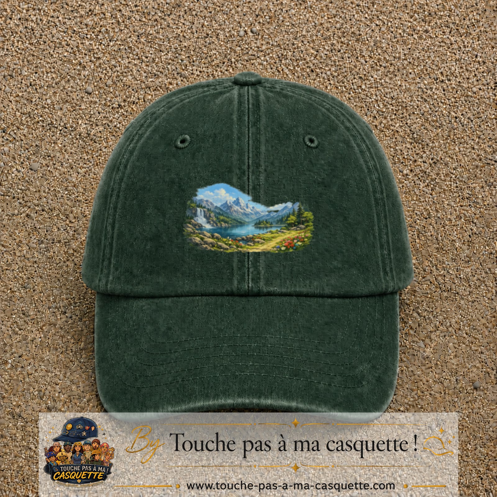 Casquette baseball Vert foncé délavé 100% coton avec motif Paysage montagne lac 5 cm - image principale