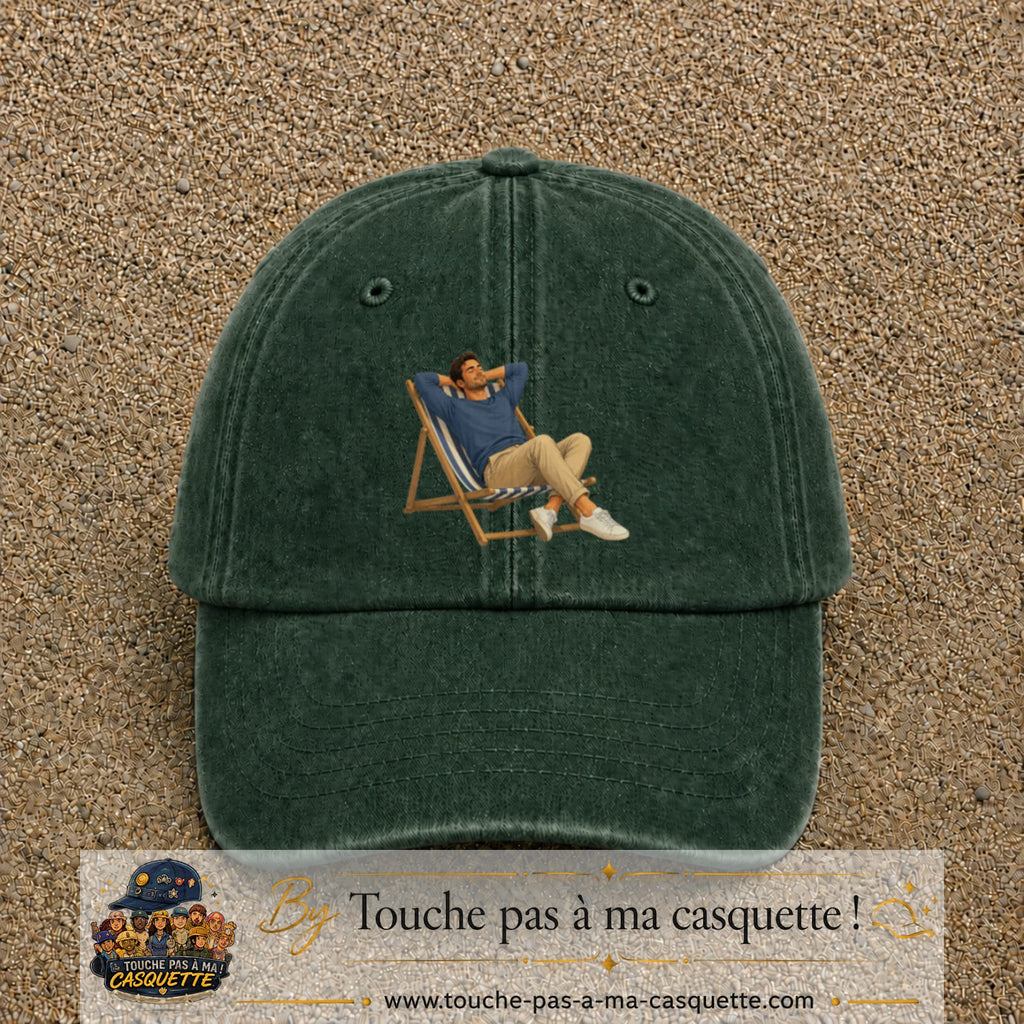 Casquette Vert foncé délavé 100% coton avec motif Pause soleil transat 7 cm - image principale