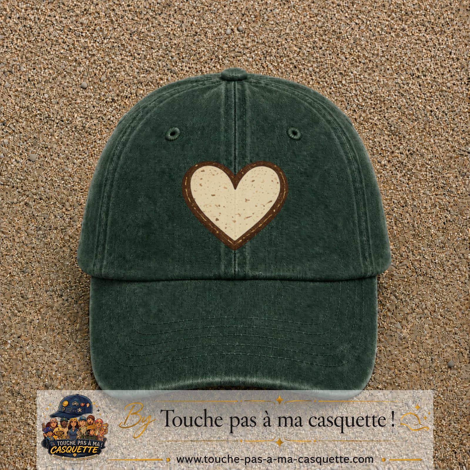 Casquette Vert foncé délavé 100% coton avec motif Cœur bohème 7 cm - image principale