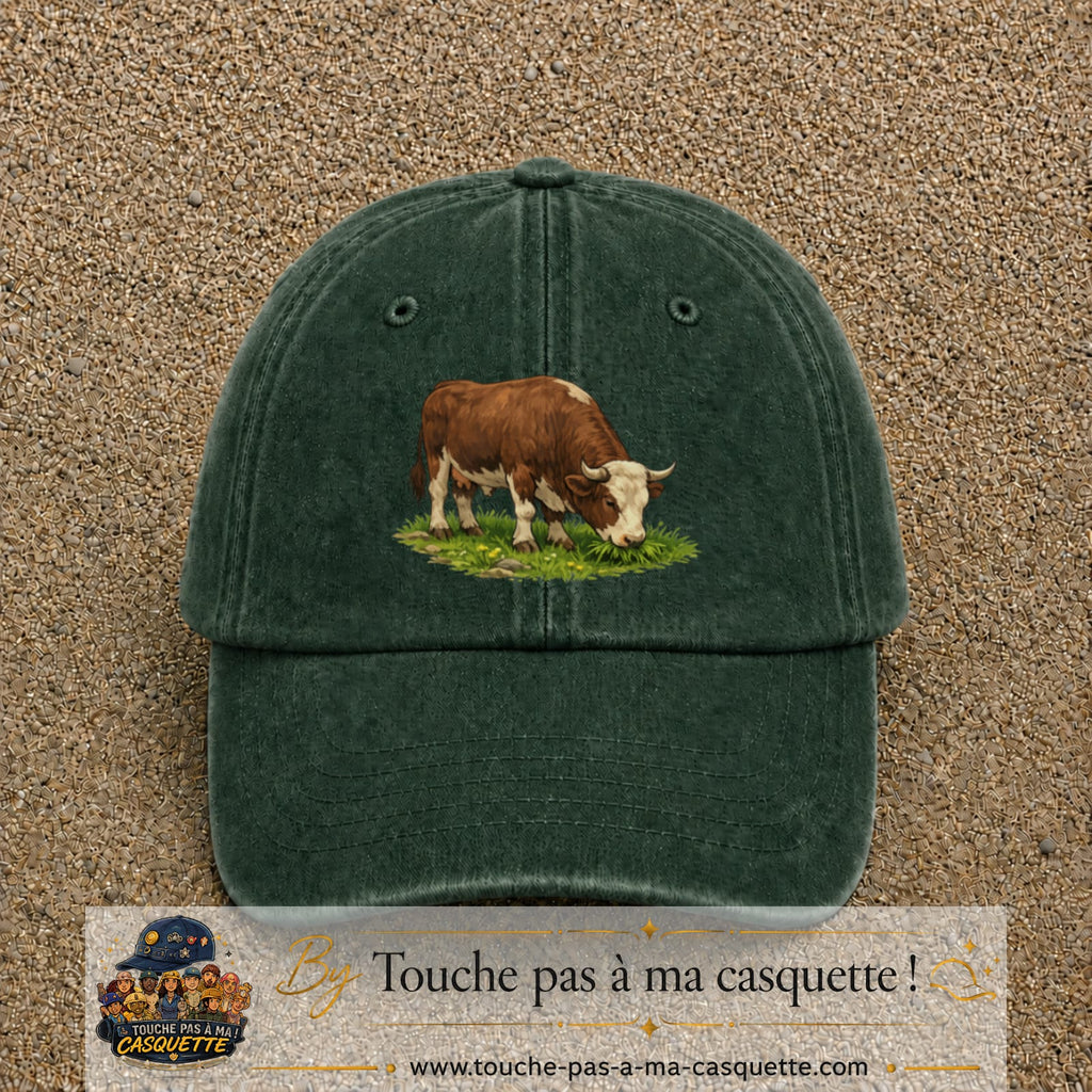 Casquette baseball Vert foncé délavé 100% coton avec motif Vache brune 7 cm - image principale