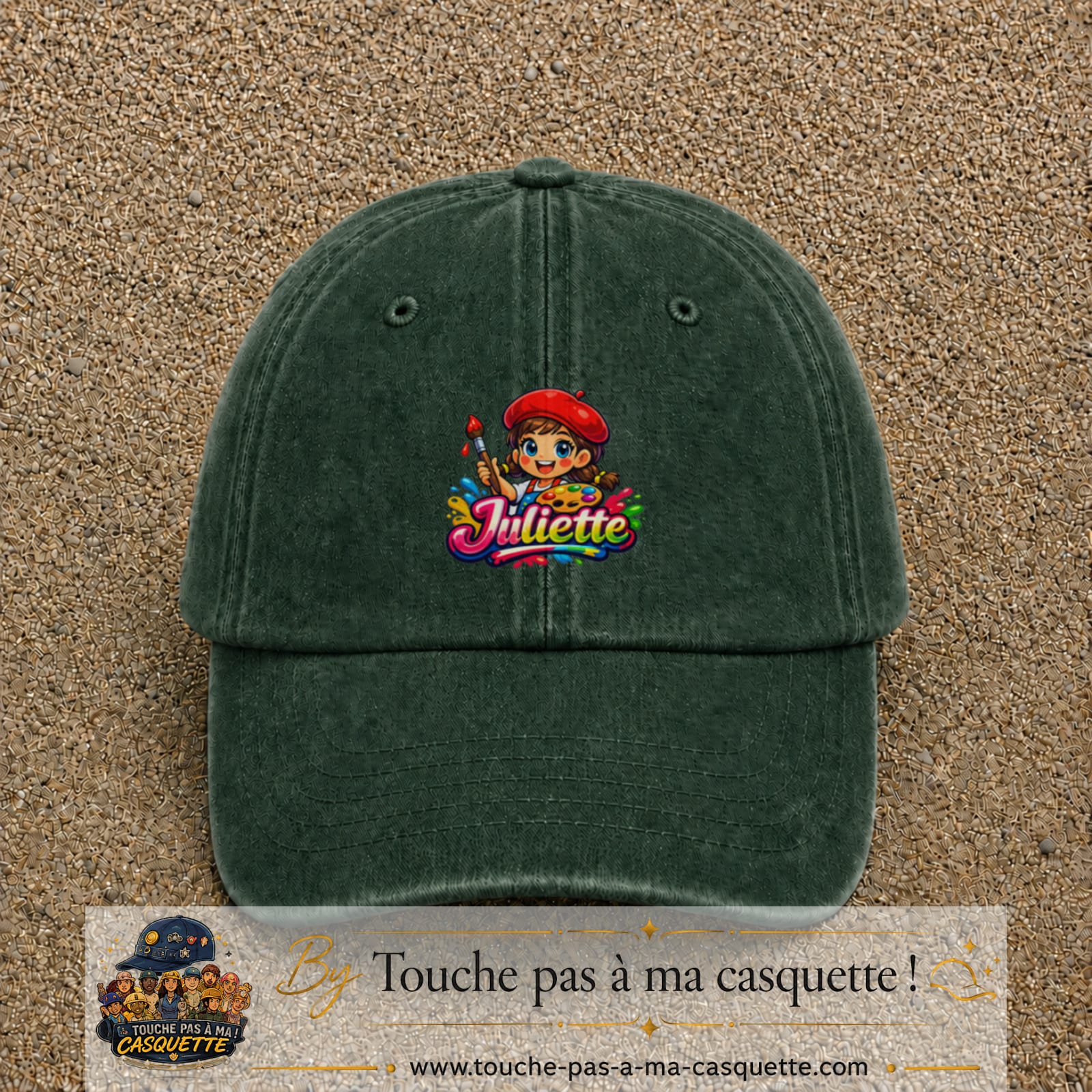 Casquette baseball Vert foncé délavé 100% coton avec motif Juliette 5 cm - image principale