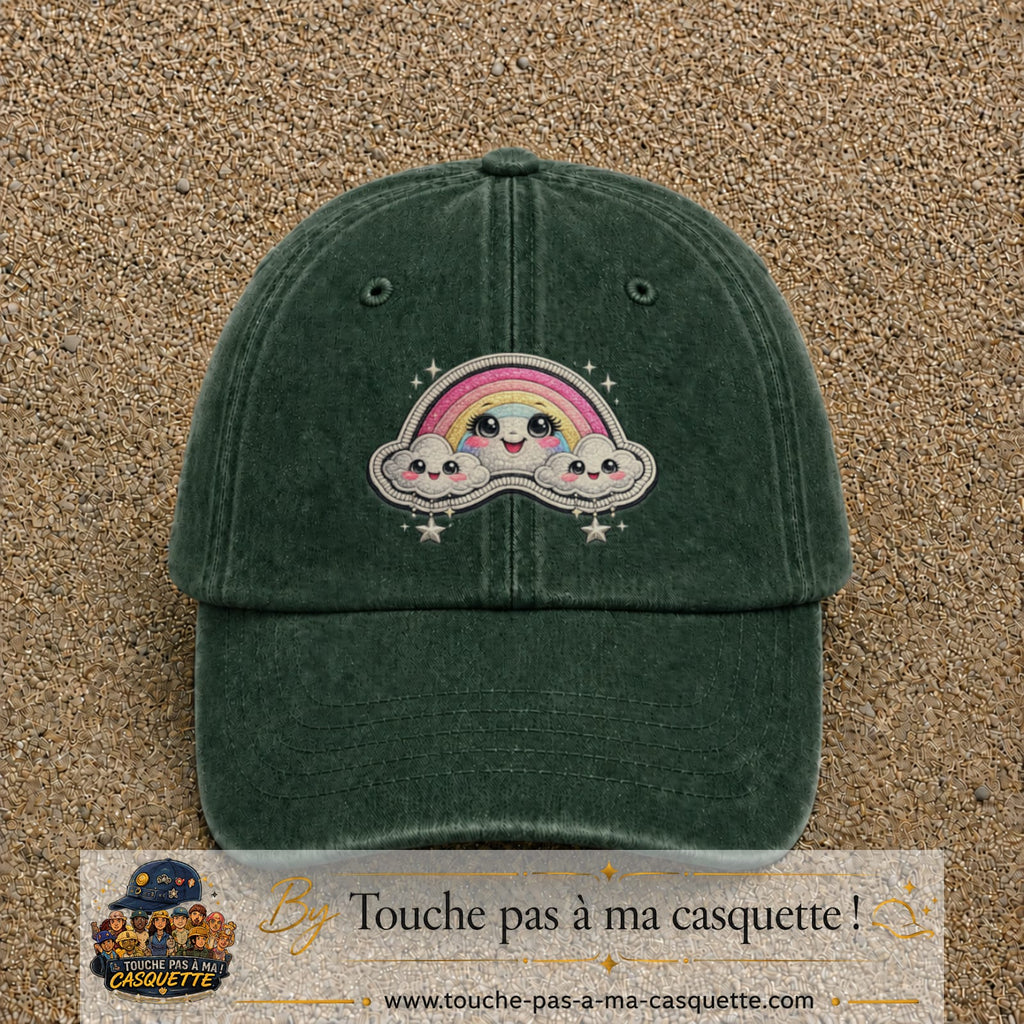 Casquette Vert foncé délavé motif Arc-en-ciel nuageux 7 cm - vue principale