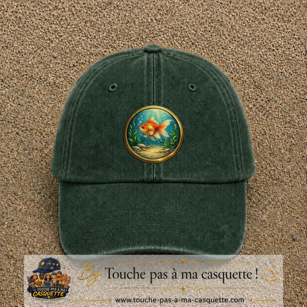 Casquette baseball Vert foncé délavé 100% coton avec visuel Poisson rouge sous l’eau 7 cm - image produit principale
