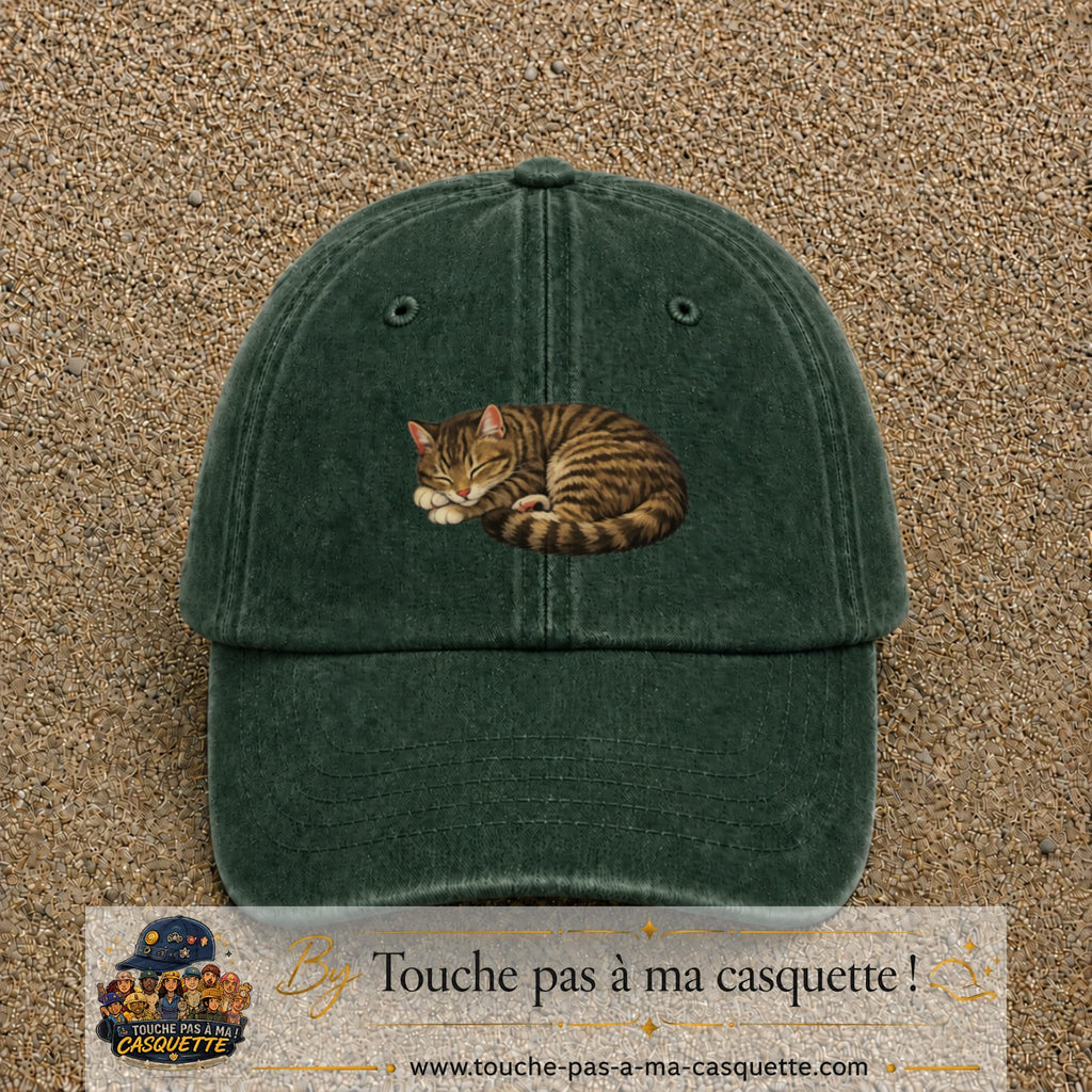 Casquette baseball Vert foncé délavé 100% coton avec motif Chat endormi 5 cm - image principale