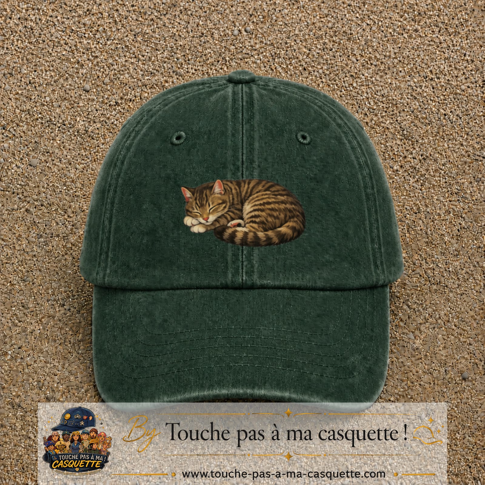 Casquette baseball Vert foncé délavé 100% coton avec motif Chat endormi 5 cm - image principale