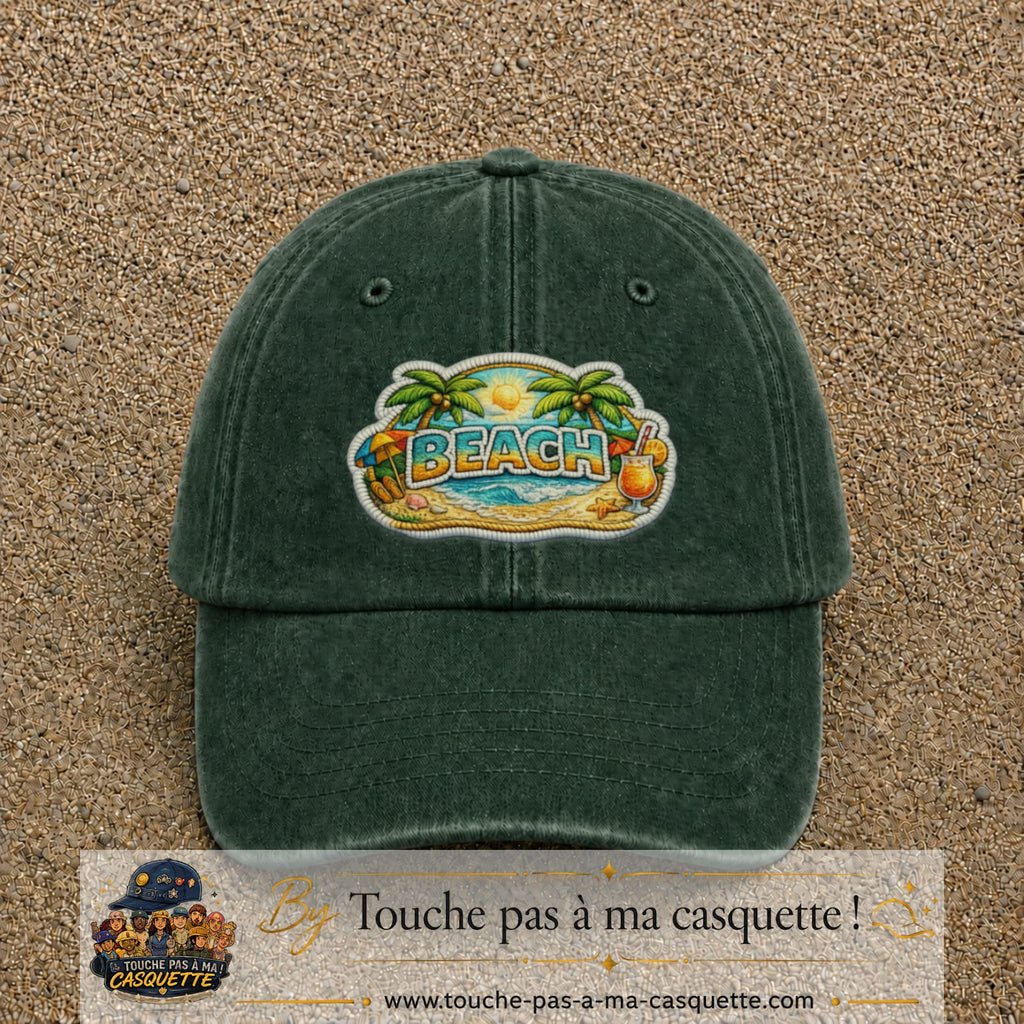 Casquette Vert foncé délavé motif Plage tropicale Beach 7 cm - vue principale