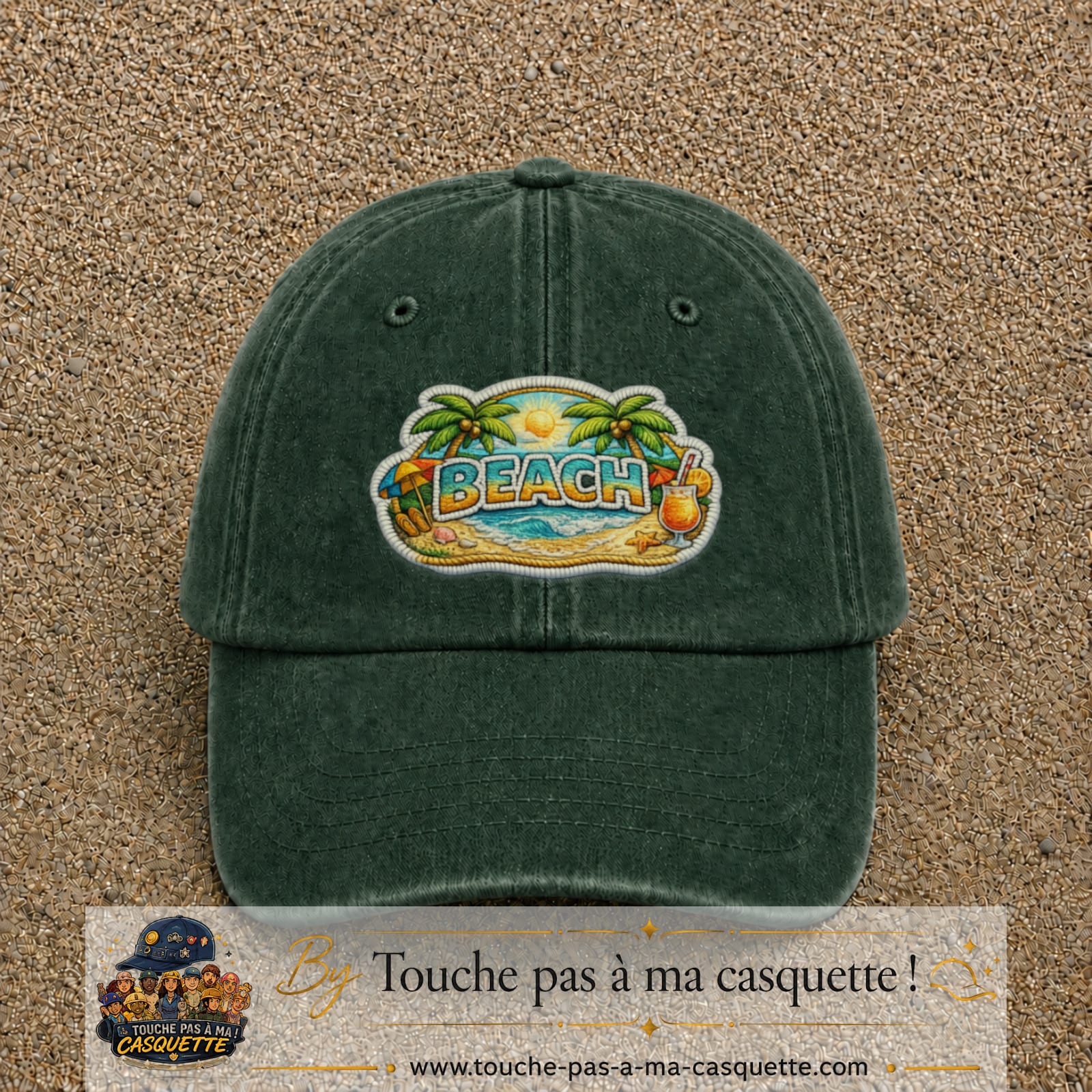 Casquette Vert foncé délavé motif Plage tropicale Beach 7 cm - vue principale