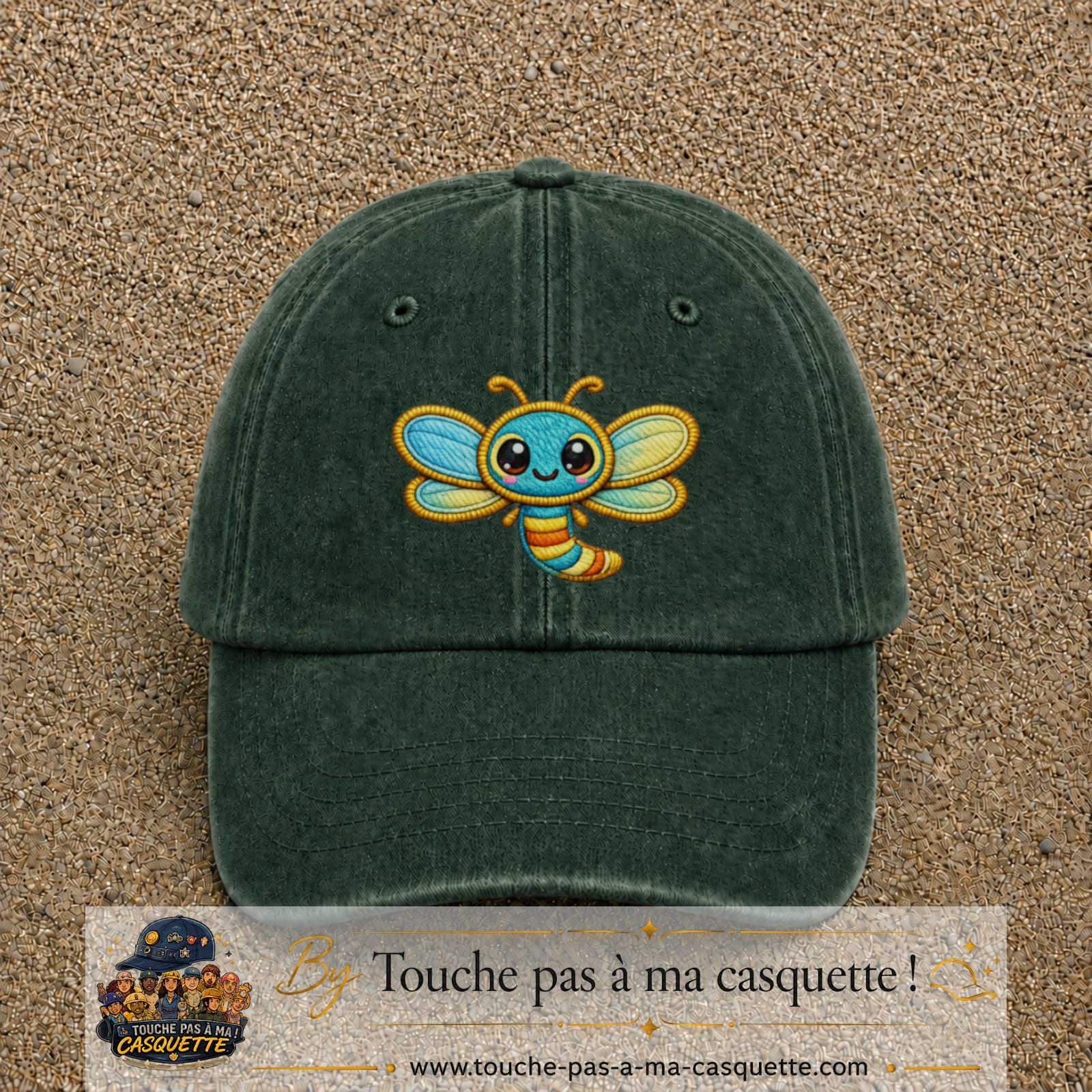 Casquette Vert foncé délavé motif Libellule multicolore 7 cm - vue principale