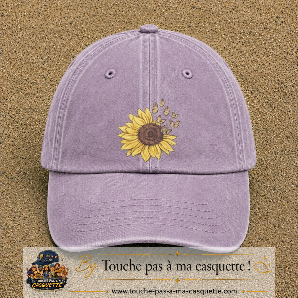 Image principale produit15grosVI - casquette Violet délavé avec visuel Tournesol mandala 7 cm