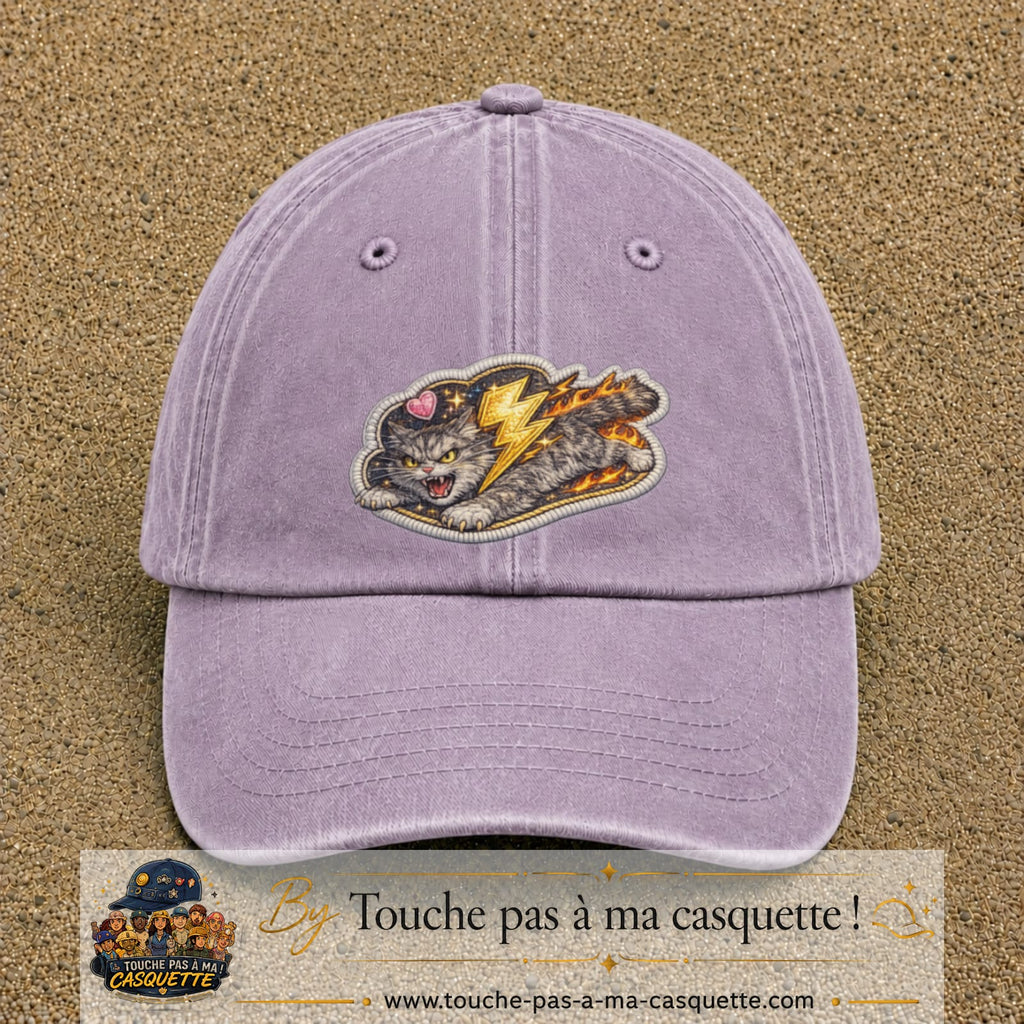 Image principale produit78grosVI - casquette Violet délavé avec visuel Chat éclair 7 cm