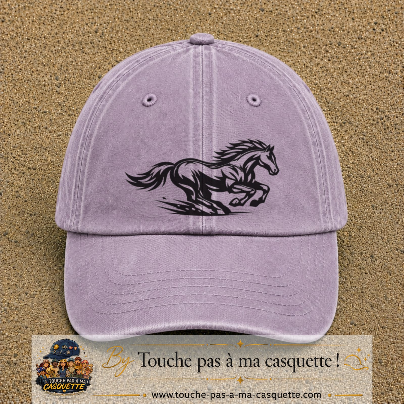 Image principale produit127grosVI - casquette Violet délavé avec visuel Cheval au galop 7 cm