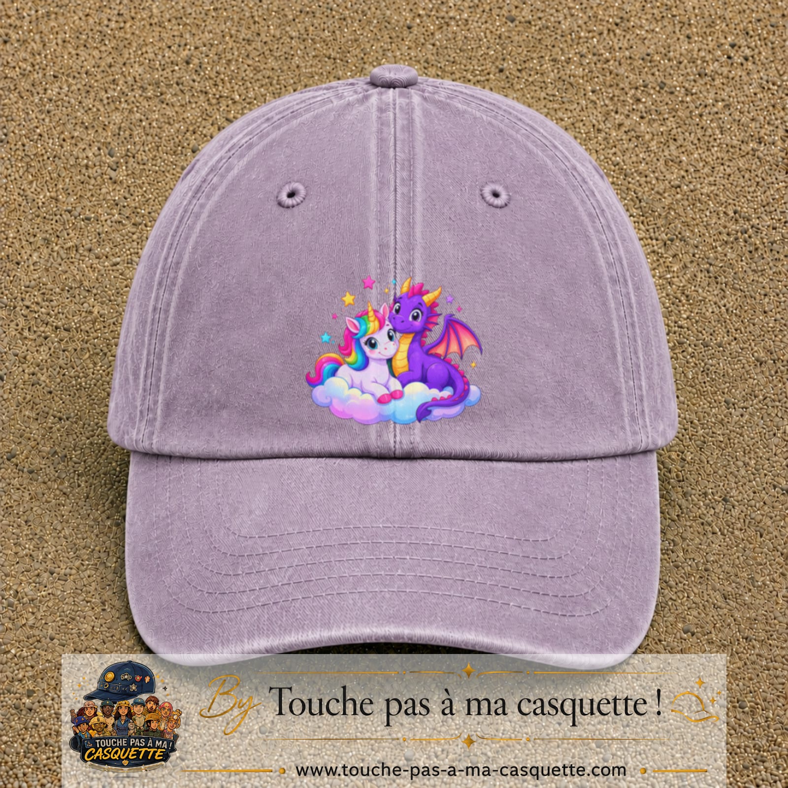 Casquette Violet délavé motif Licorne et bébé dragon logo 7 cm