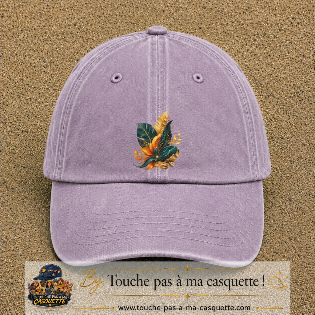 Image principale casquette Violet délavé avec motif Feuillage tropical doré 7 cm