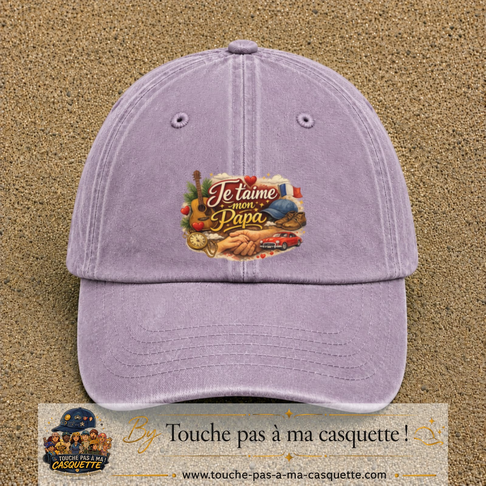 Casquette Violet délavé avec motif Je t’aime mon Papa et ses passions en 7 cm – vue principale