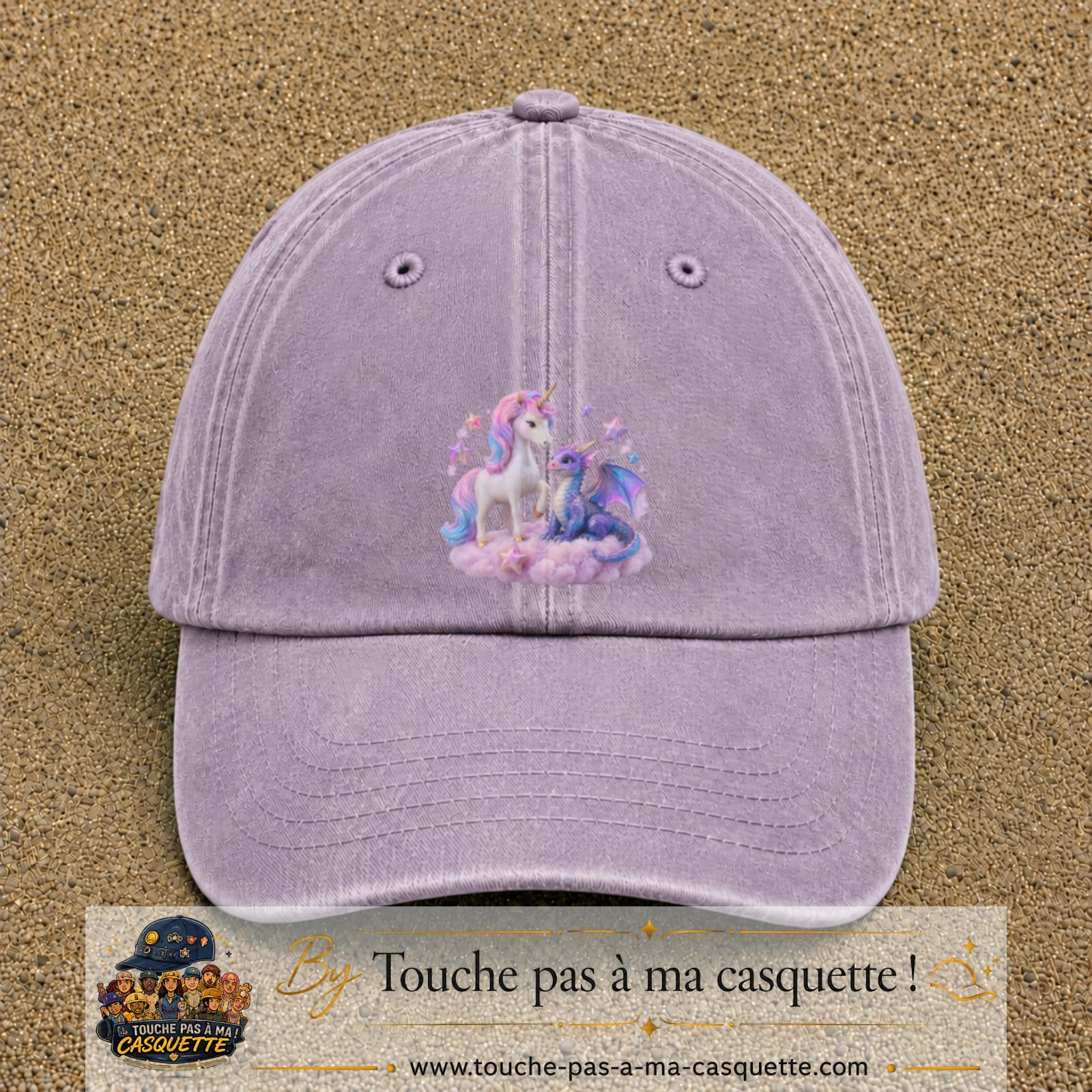 Casquette Violet délavé avec motif Licorne et dragon sur un nuage en 7 cm – vue principale