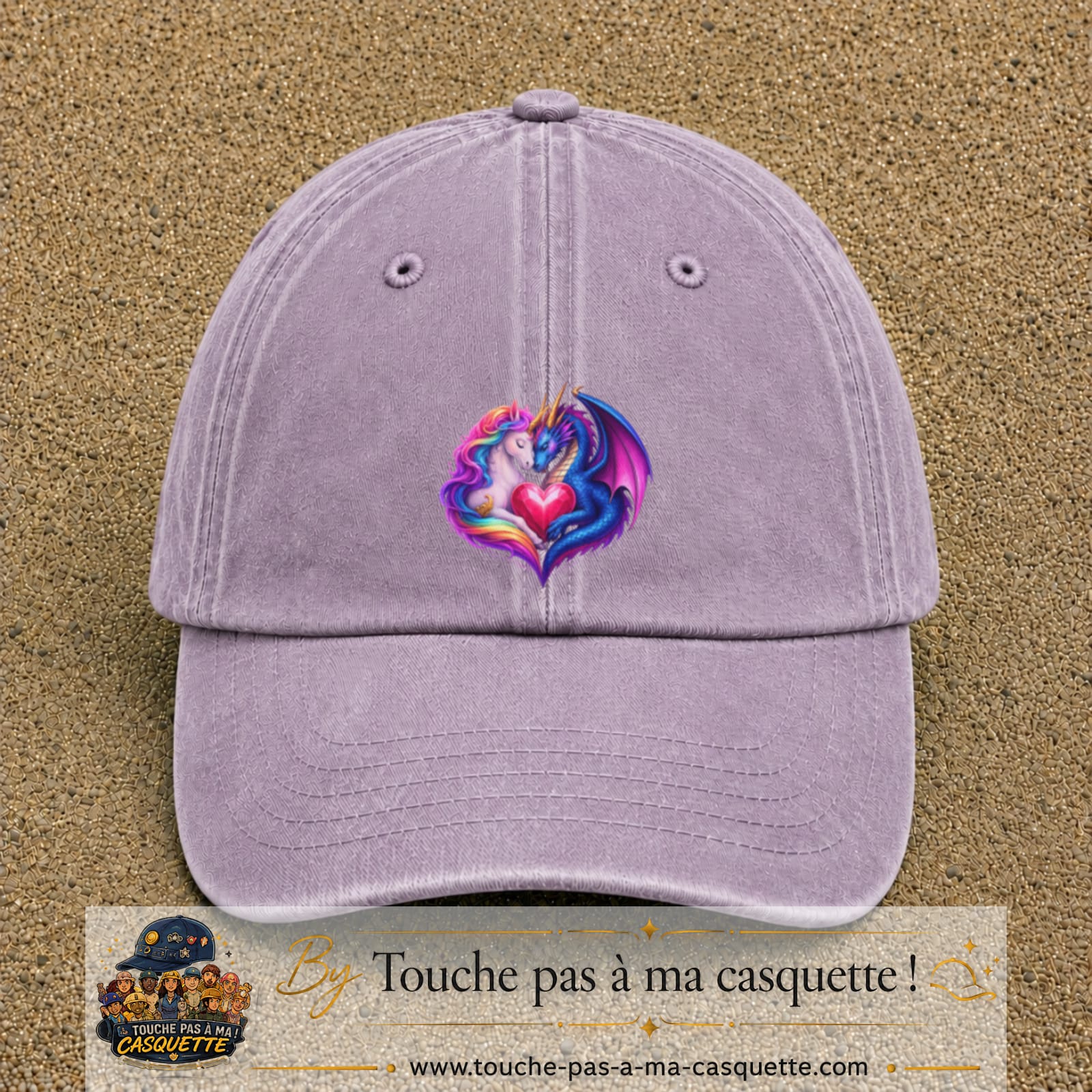 Casquette Violet délavé motif Licorne et dragon cœur logo 7 cm