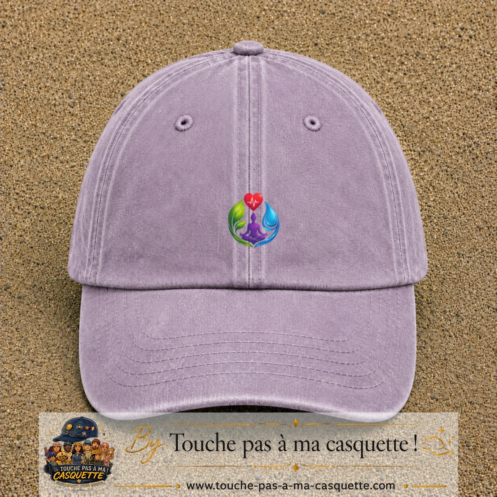 Casquette Violet délavé motif Yoga santé logo 5 cm