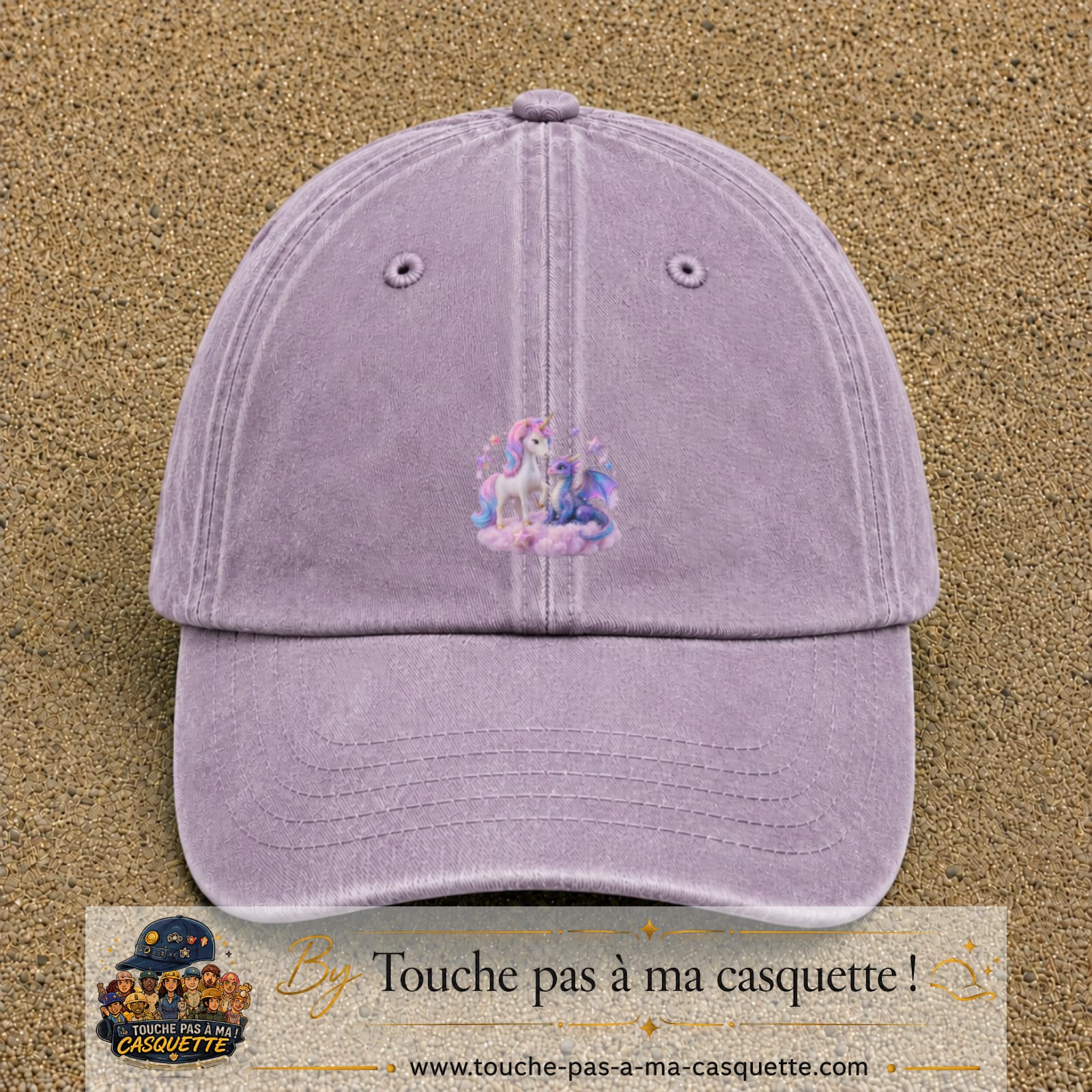 Casquette Violet délavé avec motif Licorne et dragon sur un nuage en 5 cm – vue principale