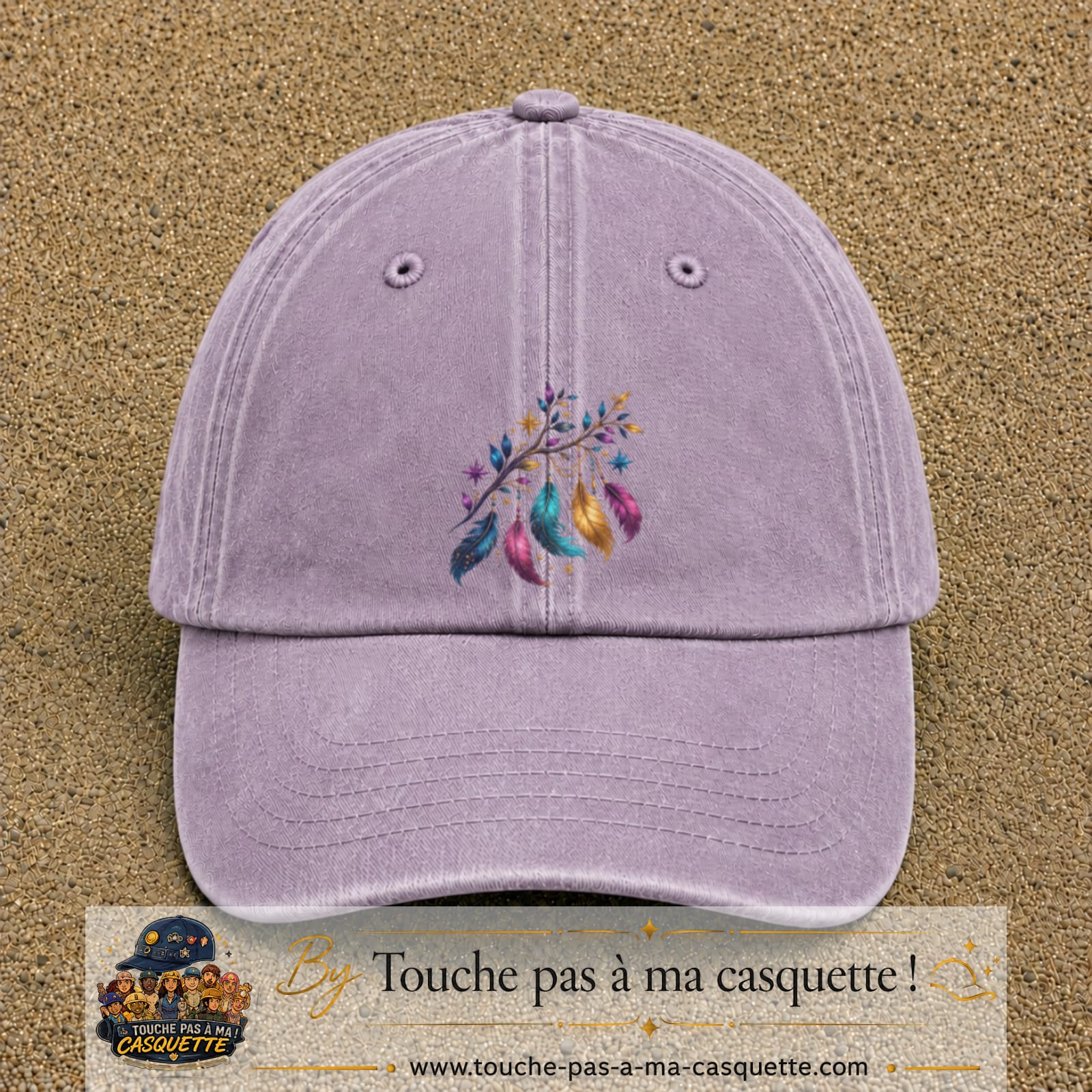 Casquette Violet délavé motif Plumes bohèmes logo 7 cm