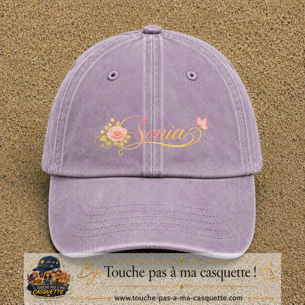 Casquette Violet délavé avec motif Prénom Sonia fleuri en 5 cm – vue principale