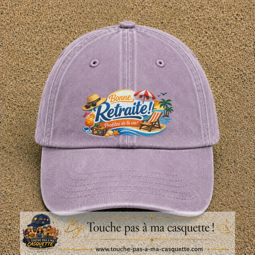 Casquette Violet délavé avec motif Bonne retraite au bord de la mer en 7 cm – vue principale