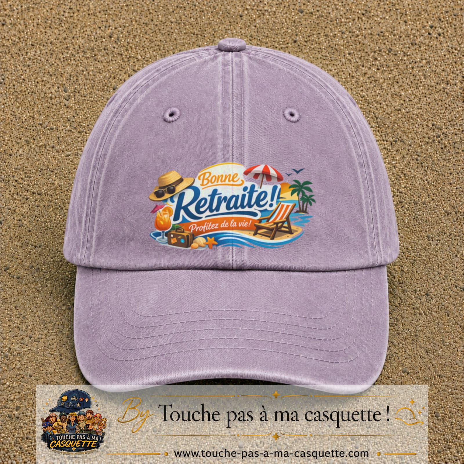 Casquette Violet délavé avec motif Bonne retraite au bord de la mer en 7 cm – vue principale