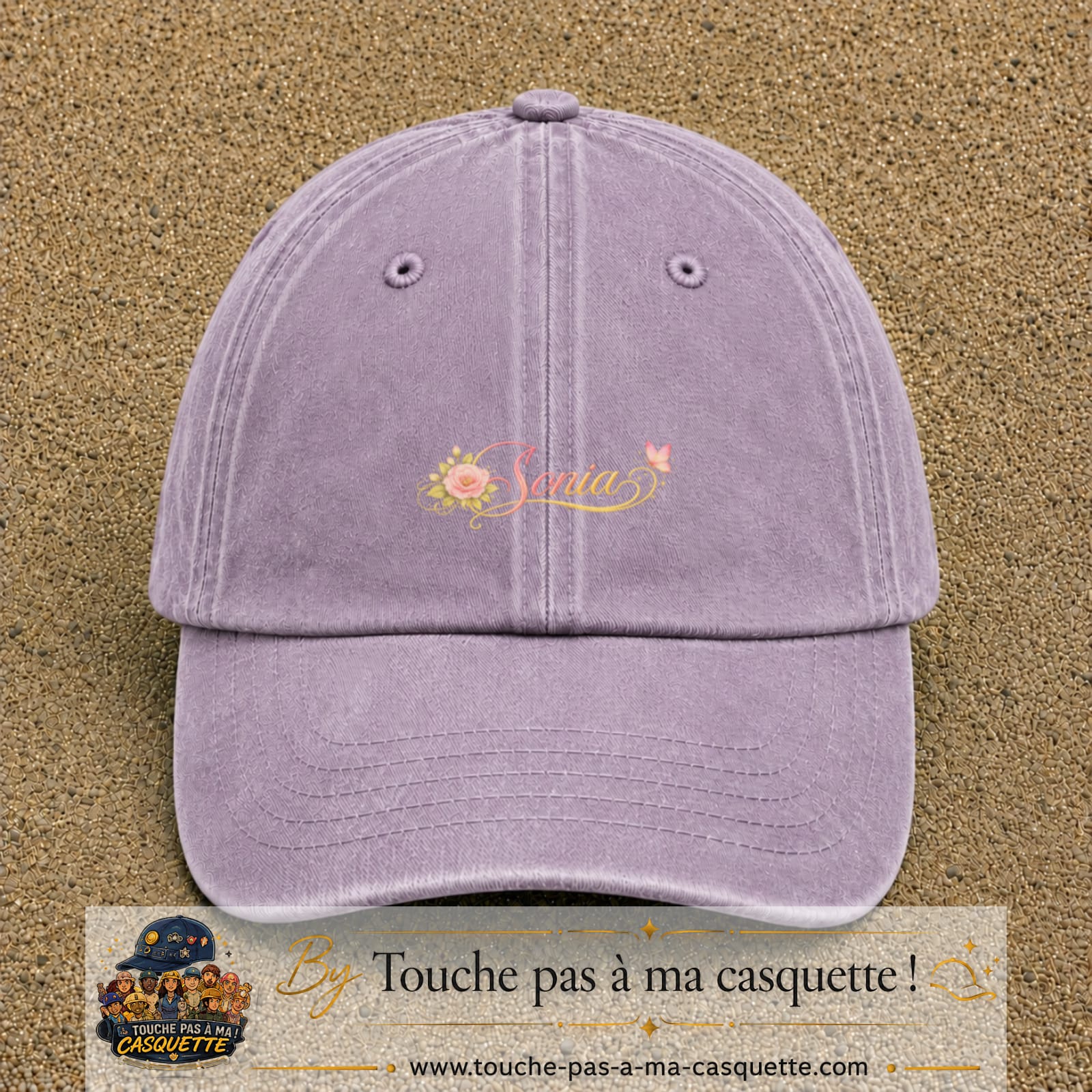 Casquette Violet délavé avec motif Prénom Sonia fleuri en 3 cm – vue principale