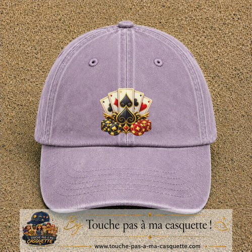 Casquette Violet délavé motif Poker cartes et jetons logo 7 cm
