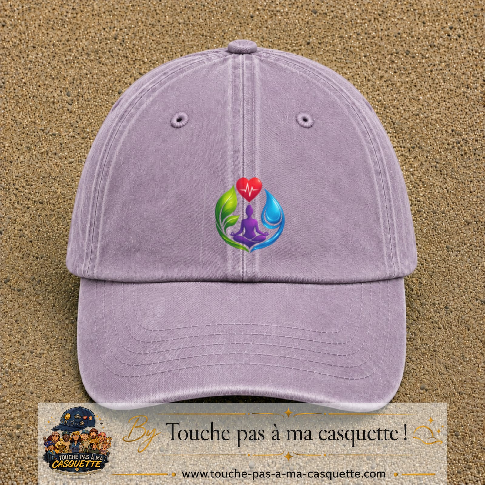 Casquette Violet délavé motif Yoga santé logo 7 cm