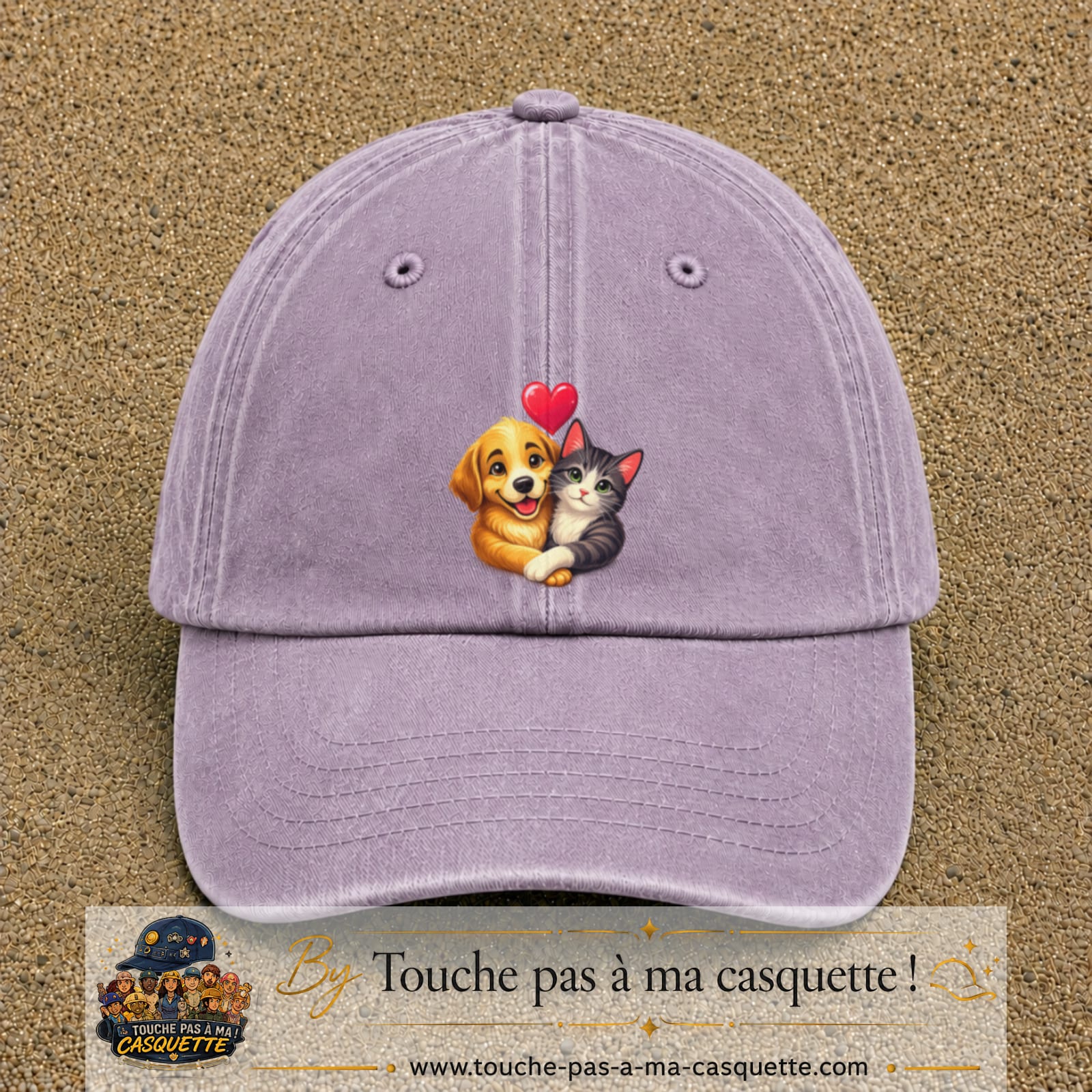 Casquette Violet délavé avec motif Chien et chat complices en 7 cm – vue principale
