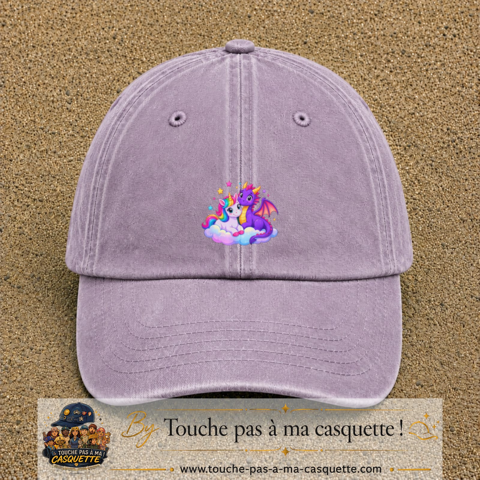 Casquette Violet délavé motif Licorne et bébé dragon logo 5 cm