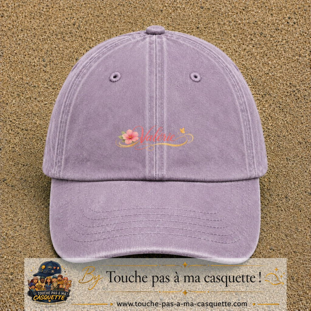Casquette Violet délavé avec motif Prénom Valérie fleuri en 3 cm – vue principale