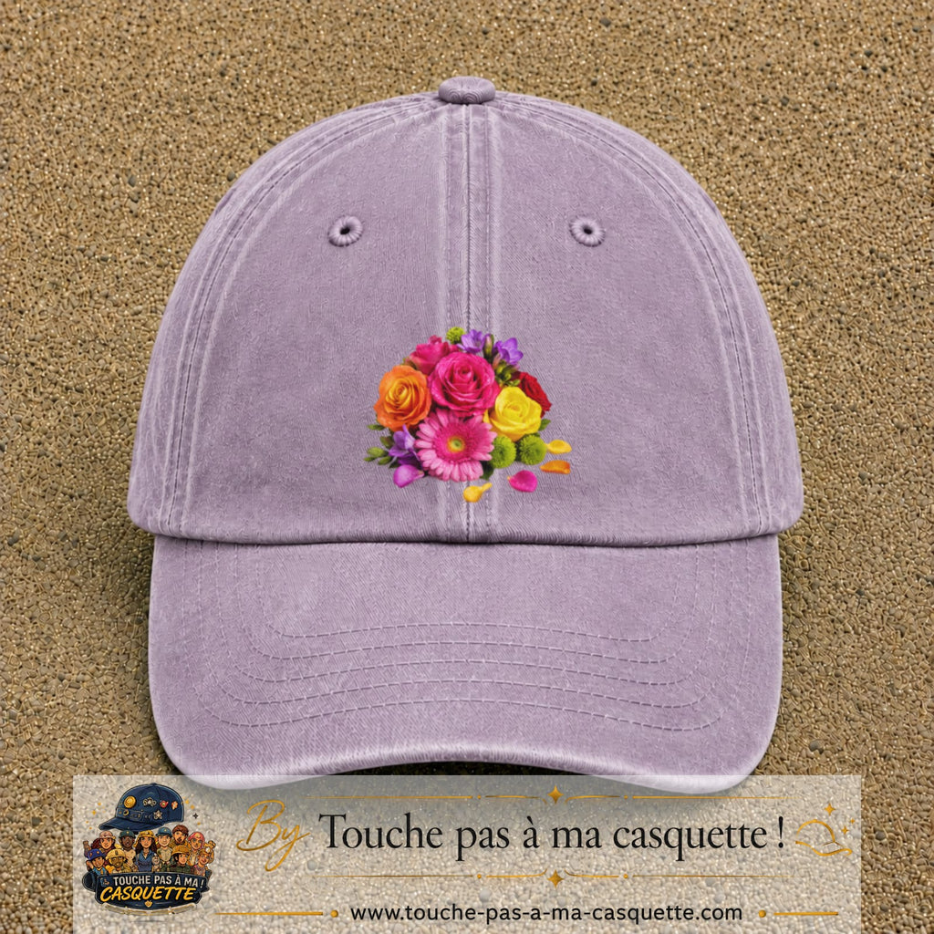 Casquette Violet délavé motif Bouquet de fleurs logo 7 cm
