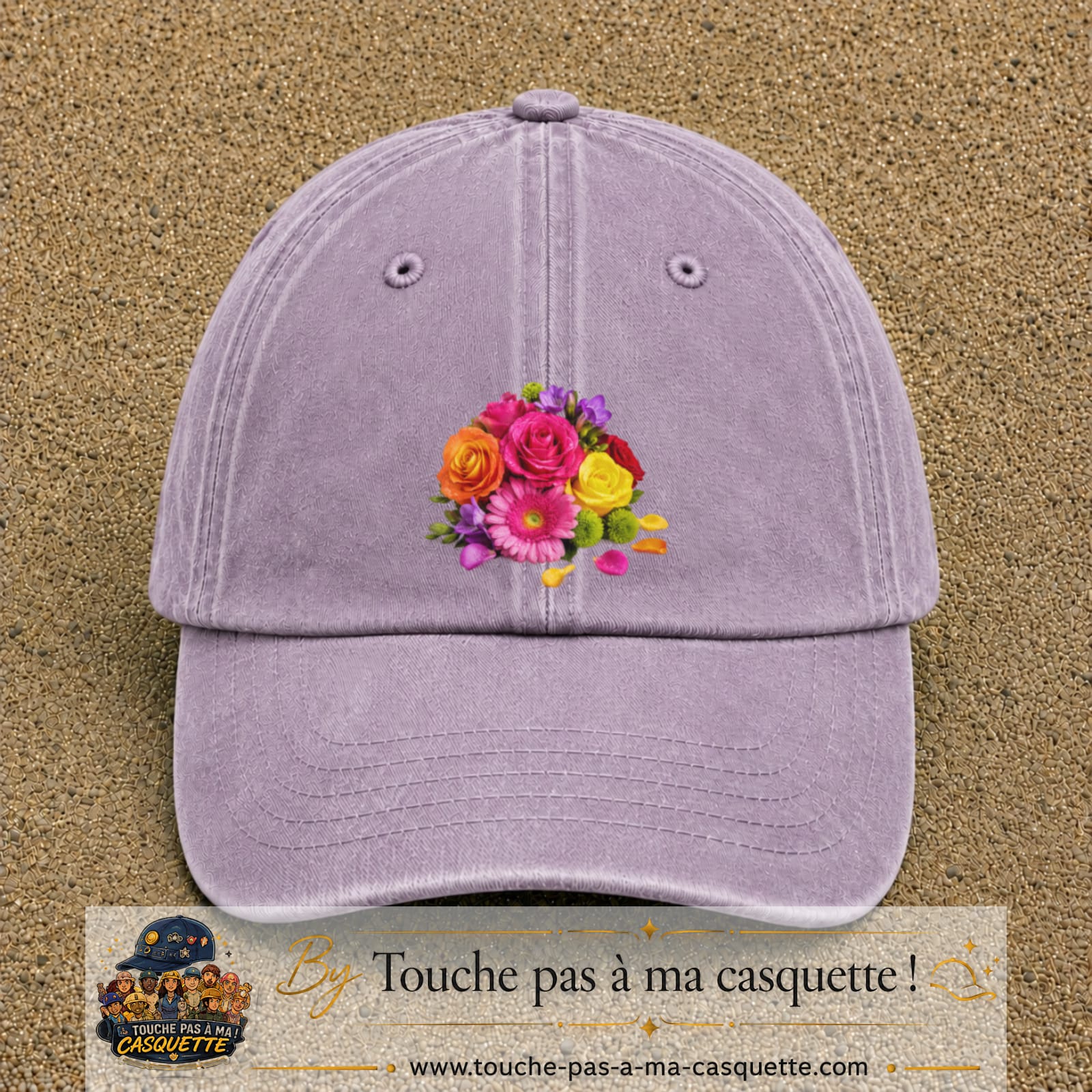 Casquette Violet délavé motif Bouquet de fleurs logo 7 cm