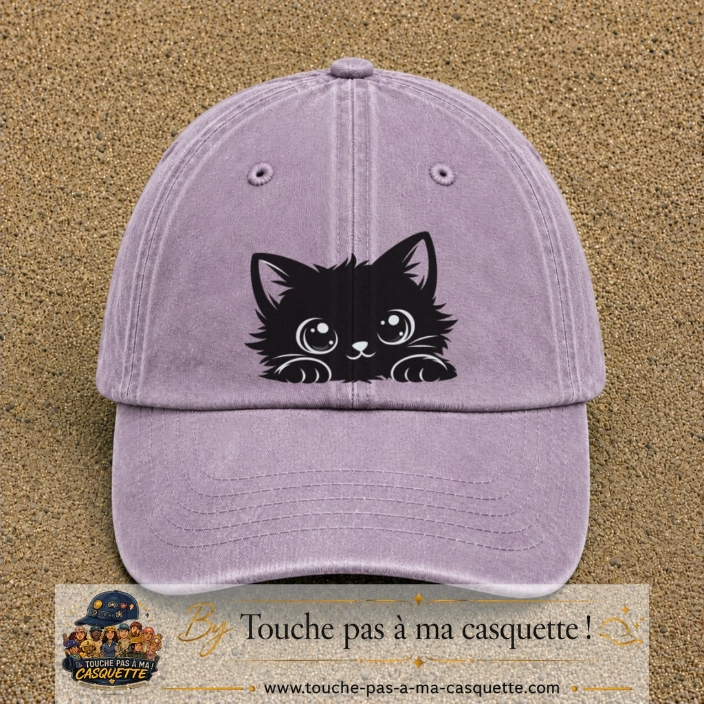 Image principale produit6grosVI - casquette Violet délavé avec visuel Chat noir adorable 7 cm