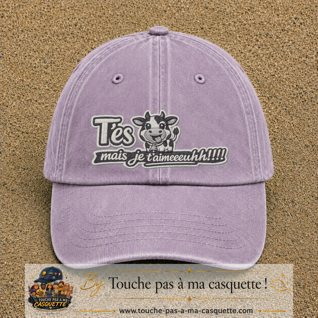 Image principale produit122grosVI - casquette Violet délavé avec visuel Vache message français 7 cm