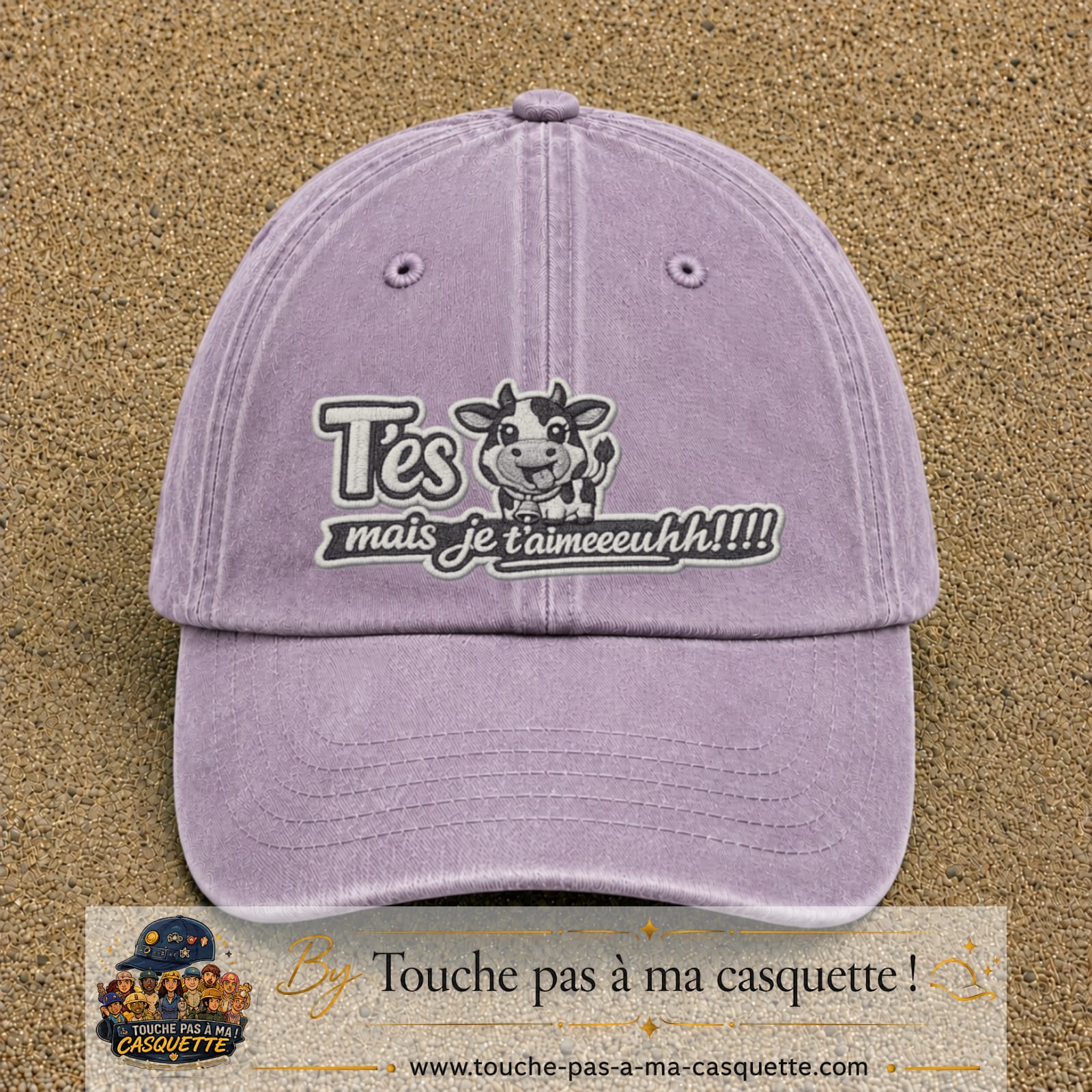 Image principale produit122grosVI - casquette Violet délavé avec visuel Vache message français 7 cm