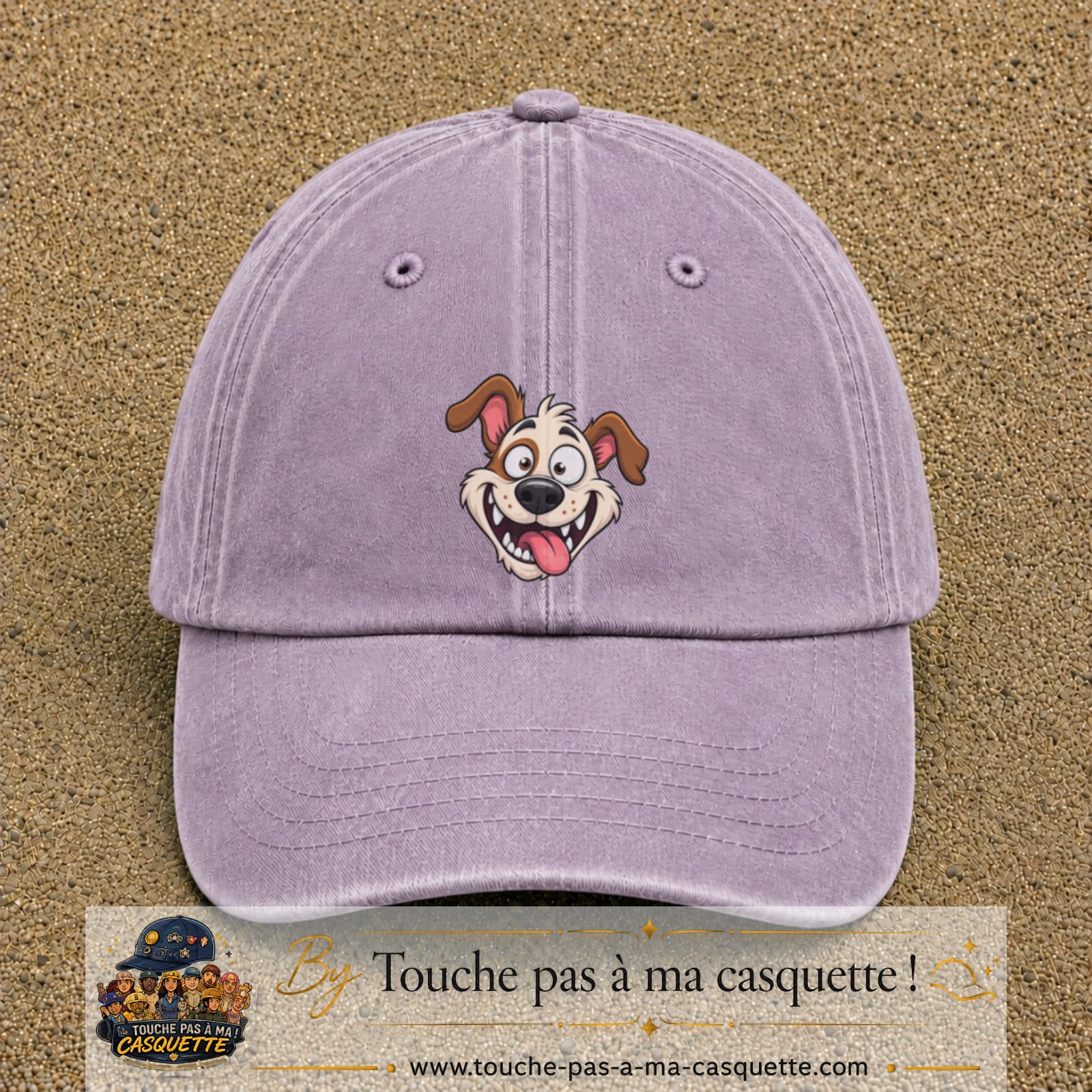 Image principale produit181grosVI - casquette Violet délavé avec visuel Chien souriant 7 cm