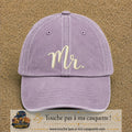 Image principale produit111grosVI - casquette Violet délavé avec visuel Mr blanc 7 cm