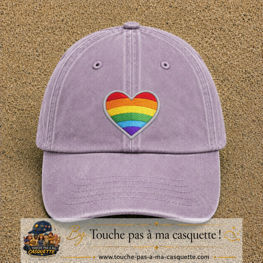 Casquette baseball Violet délavé 100% coton avec visuel Cœur arc-en-ciel 7 cm - image produit principale