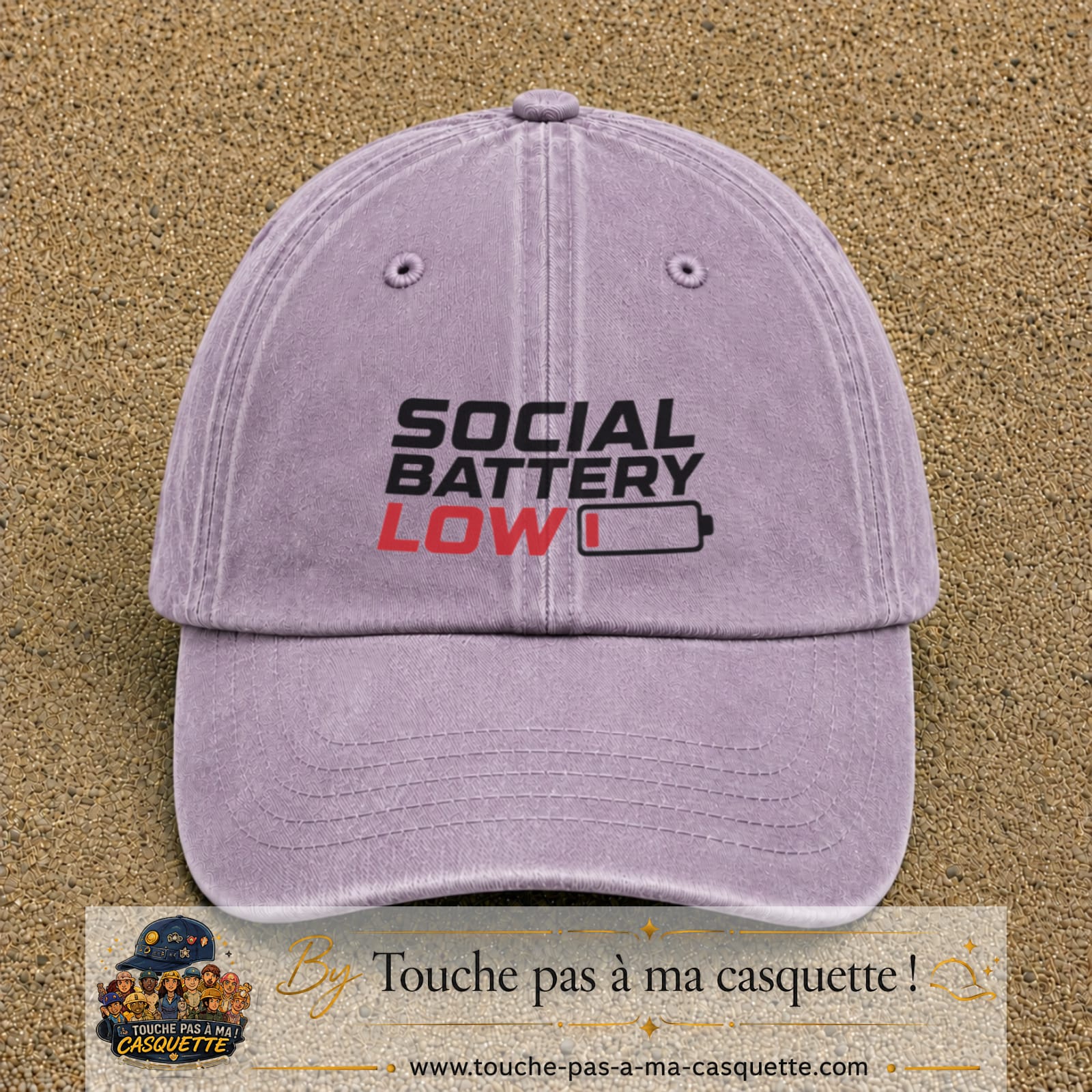 Casquette Violet délavé 100% coton avec motif Social Battery Low 7 cm - image principale
