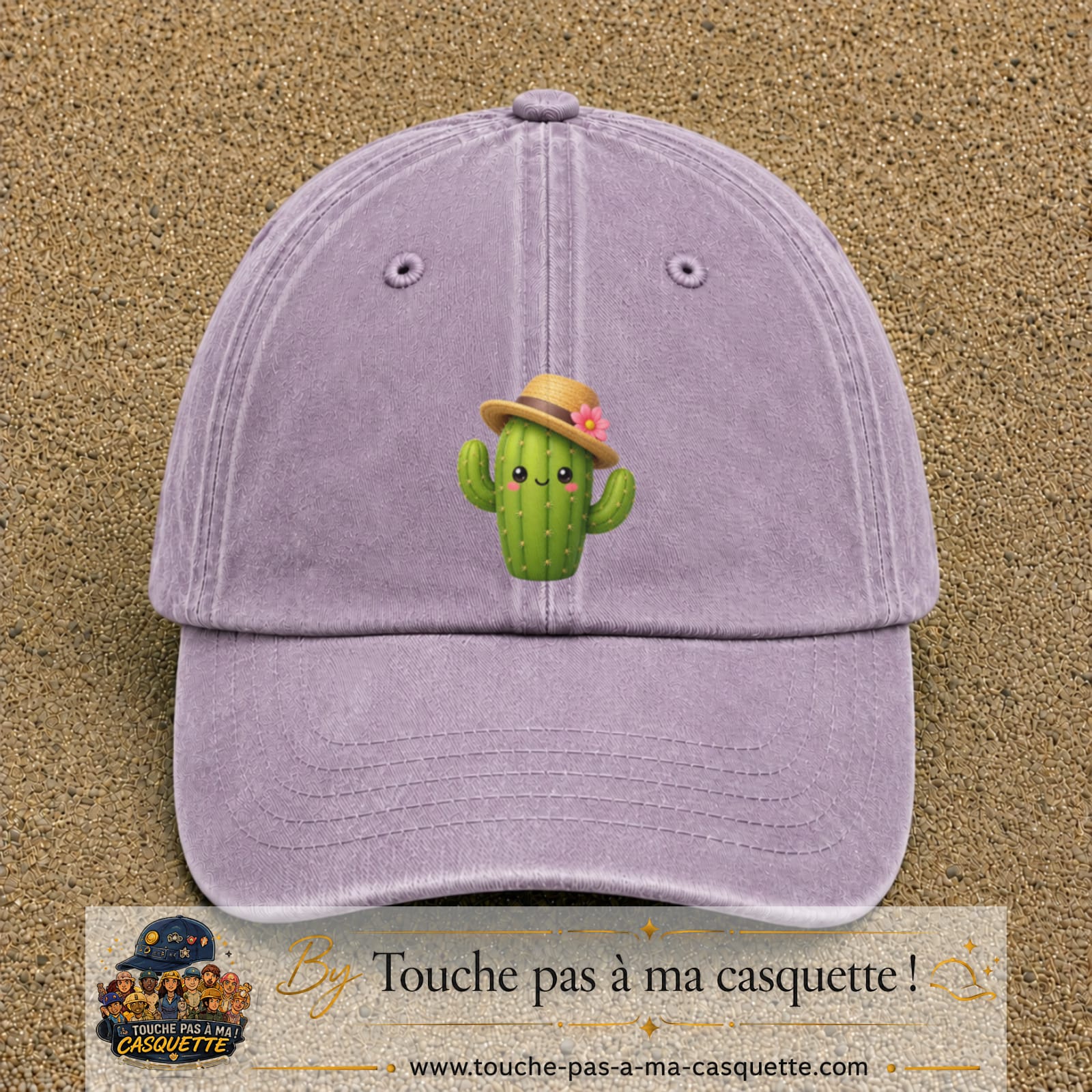 Casquette baseball Violet délavé 100% coton avec visuel Cactus kawaii chapeau 7 cm - image produit principale