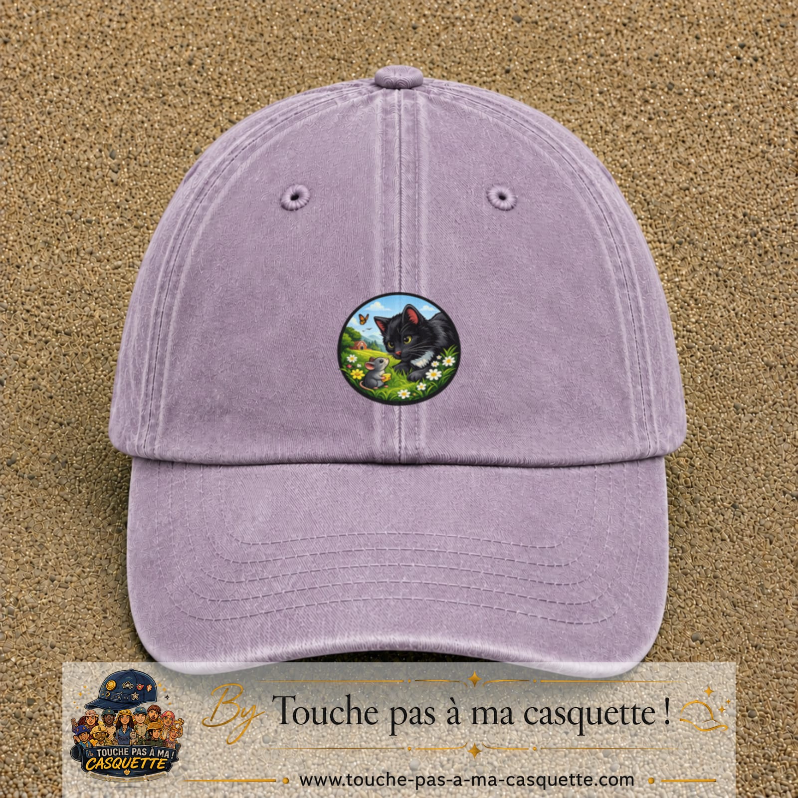 Casquette baseball Violet délavé 100% coton avec visuel Chat noir et souris 5 cm - image produit principale