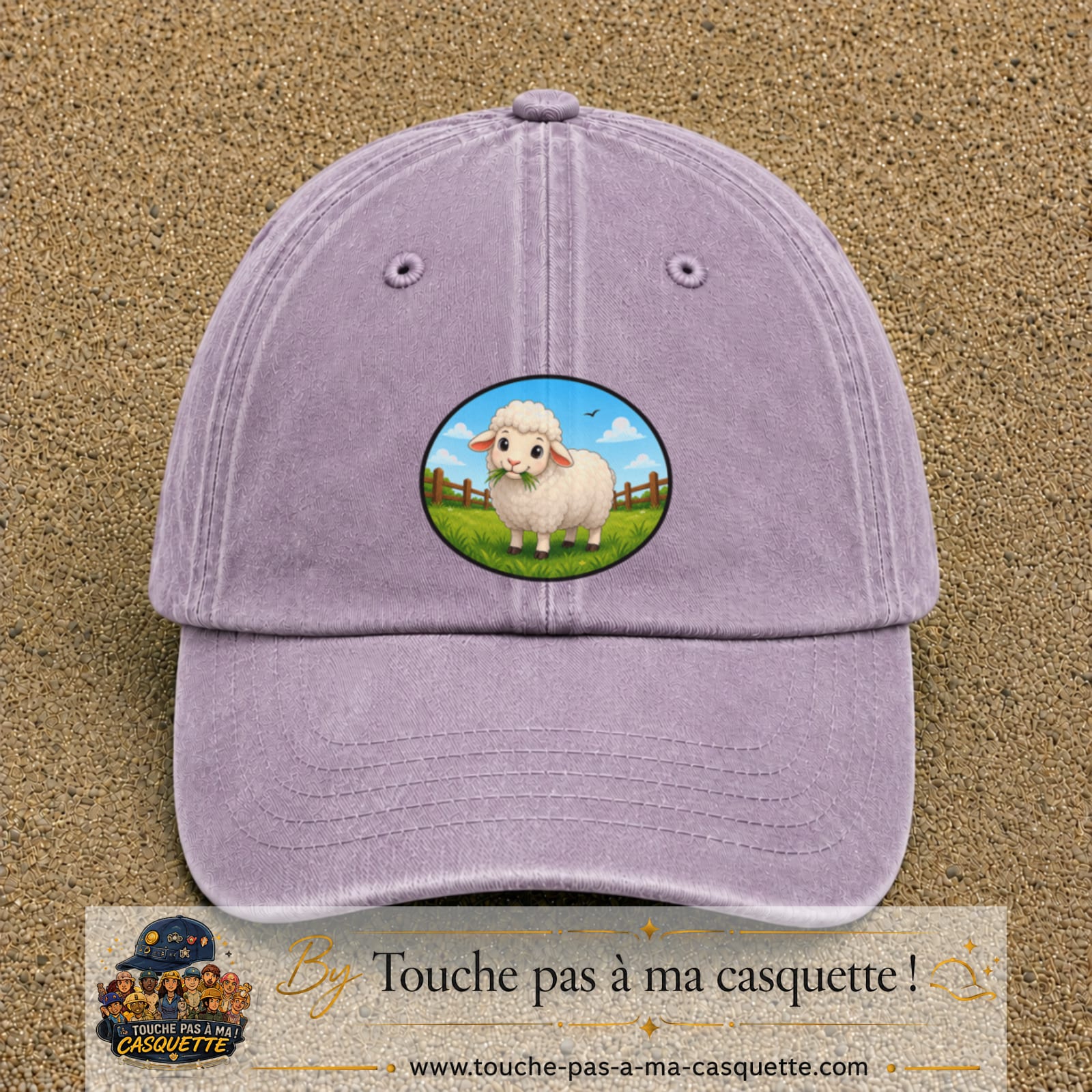 Casquette baseball Violet délavé 100% coton avec visuel Mouton à la ferme 7 cm - image produit principale