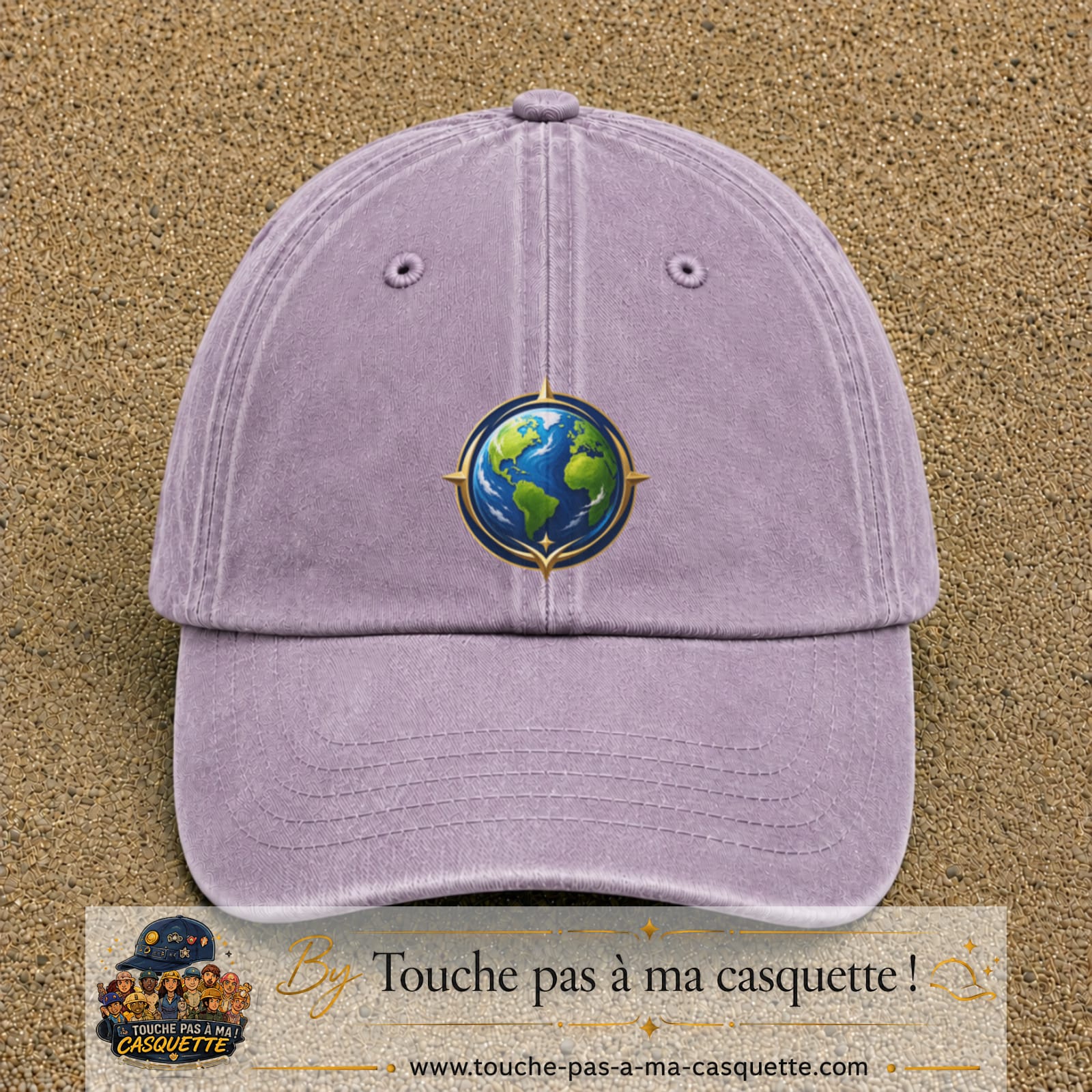Casquette baseball Violet délavé 100% coton avec visuel Terre compas 7 cm - image produit principale