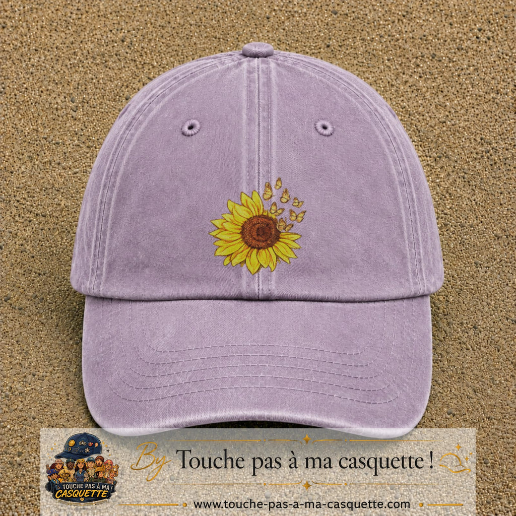 Casquette Violet délavé motif Tournesol avec papillons 7 cm - vue principale