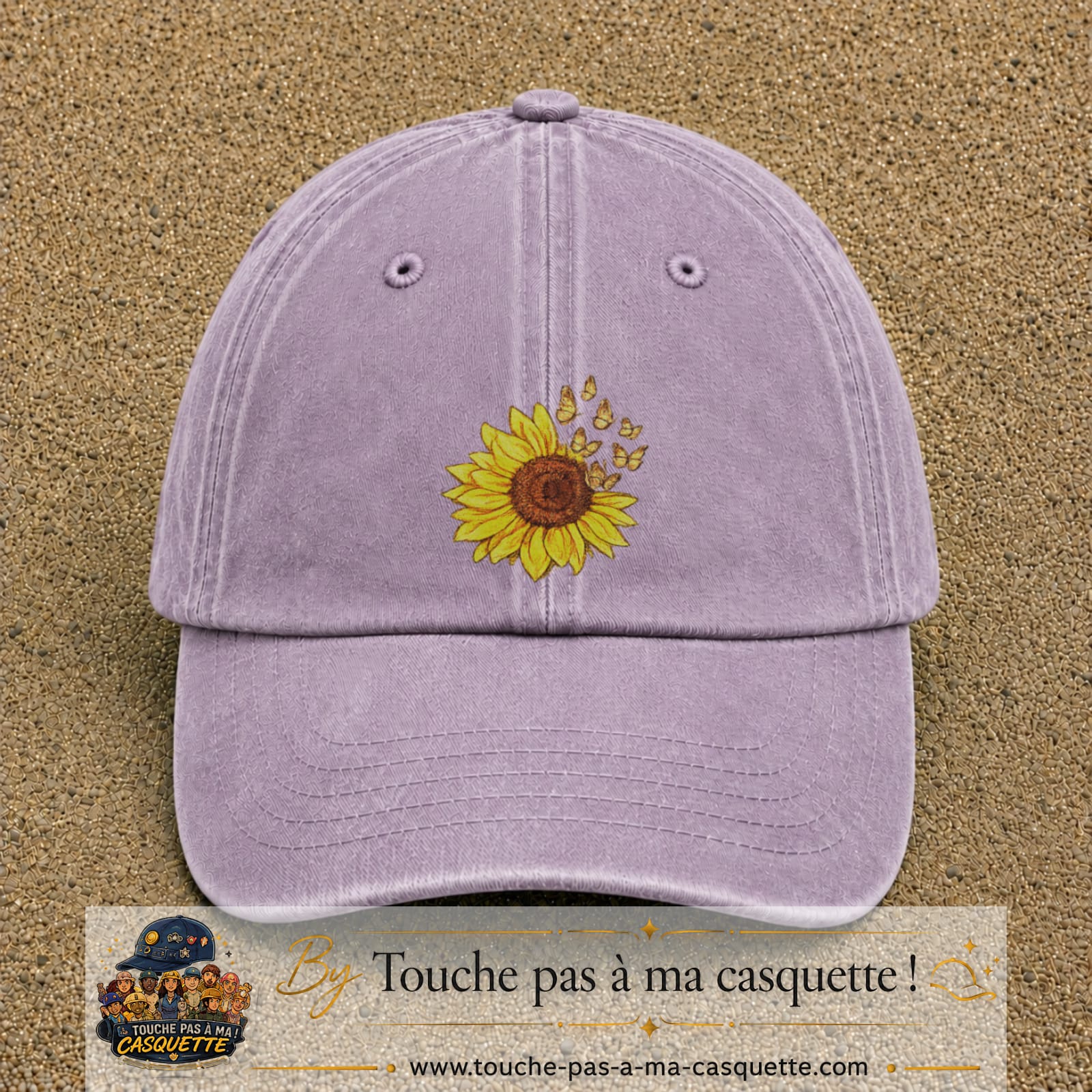 Casquette Violet délavé motif Tournesol avec papillons 7 cm - vue principale