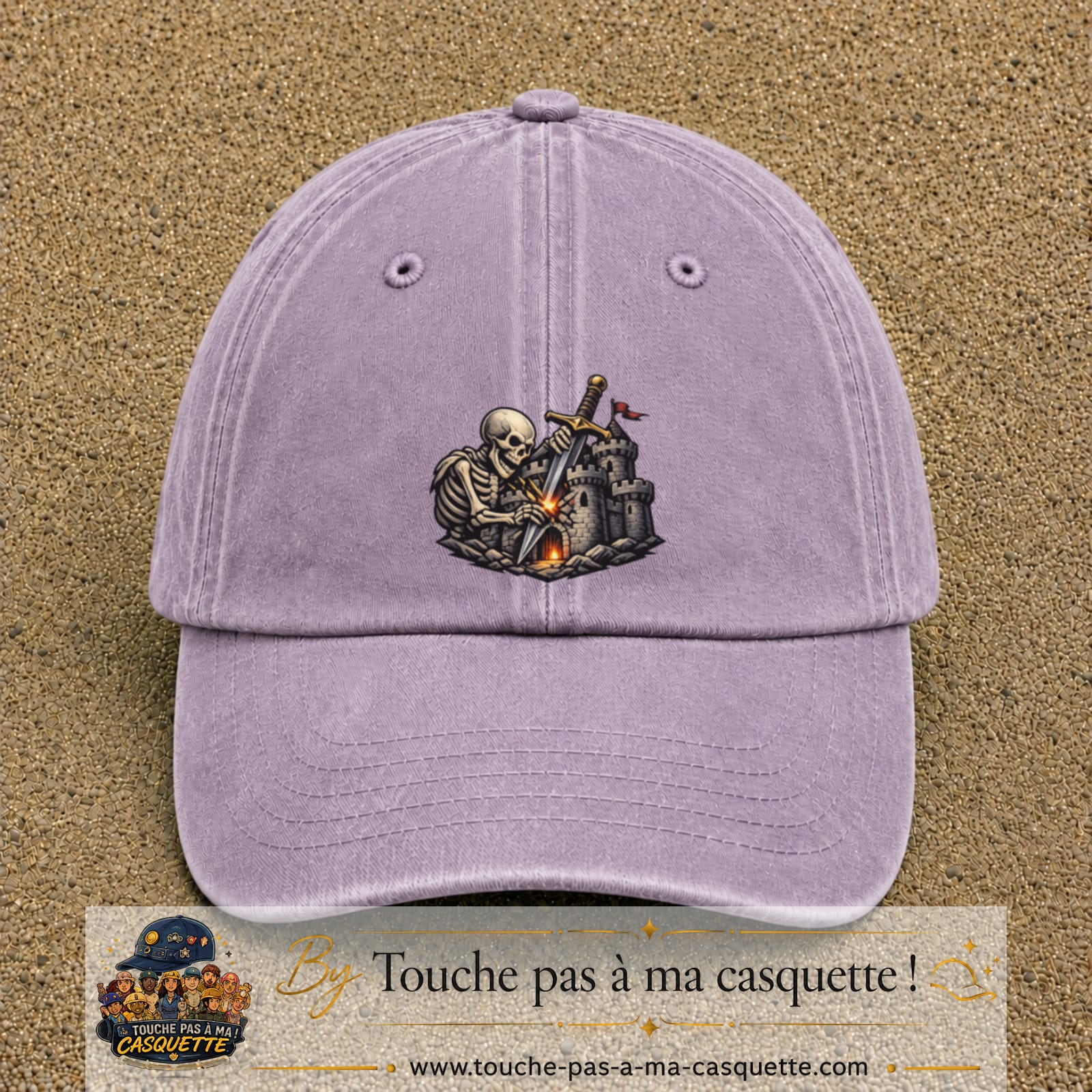 Casquette Violet délavé 100% coton avec motif Squelette chevalier château 7 cm - image principale